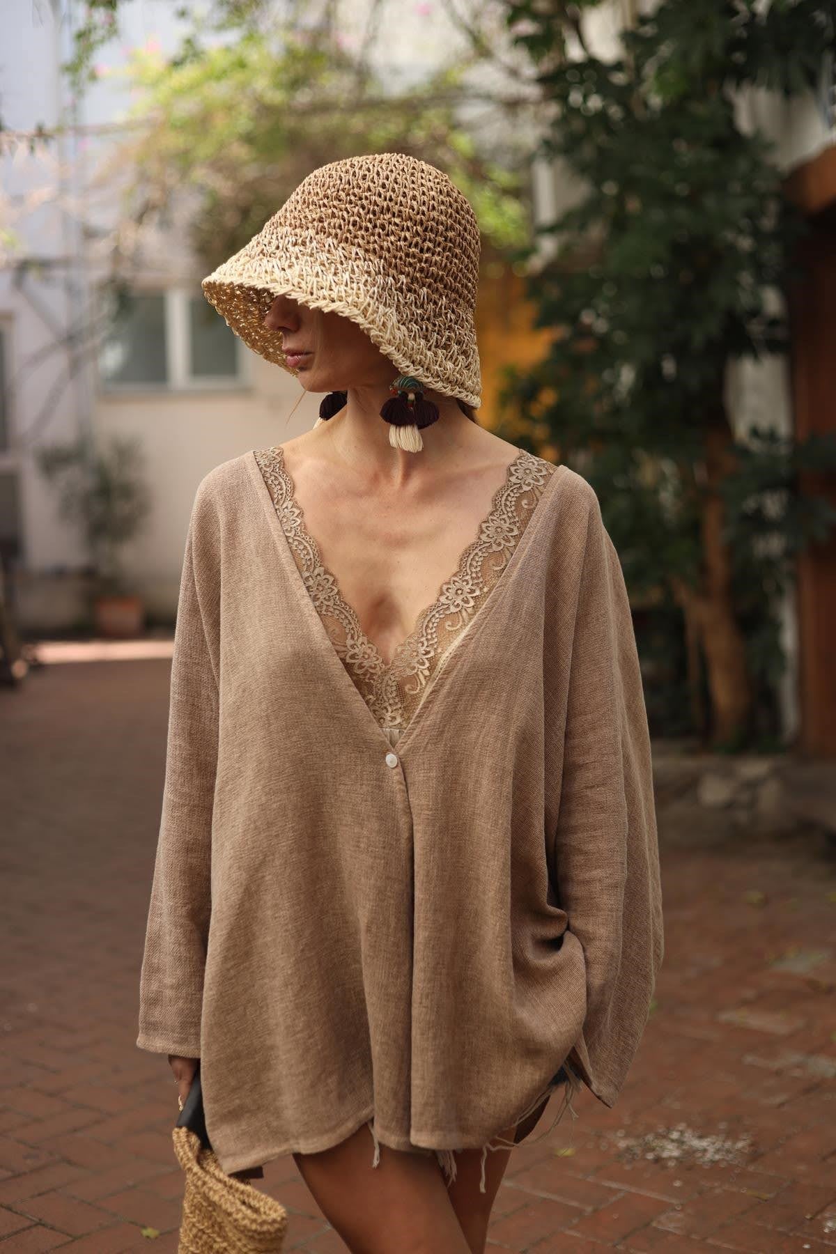 Sütlü Kahve Tek Düğme Keten Hırka