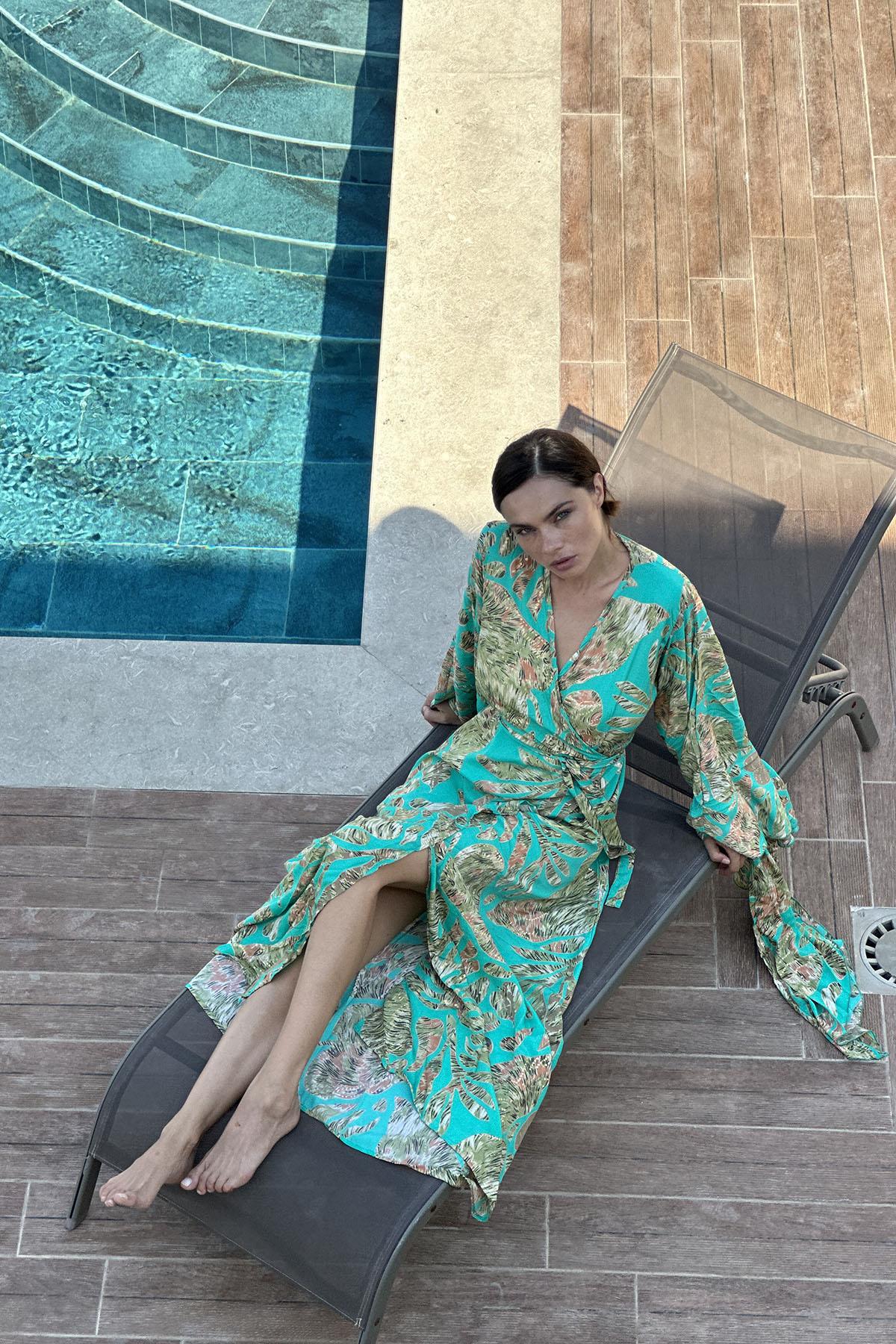 Mint Green Patterned Belted Silk Wrap Dress