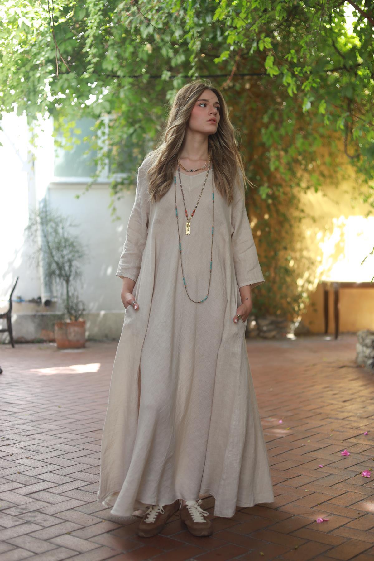 Krem Rengi Önü Arkası V Yaka Salaş Keten Elbise