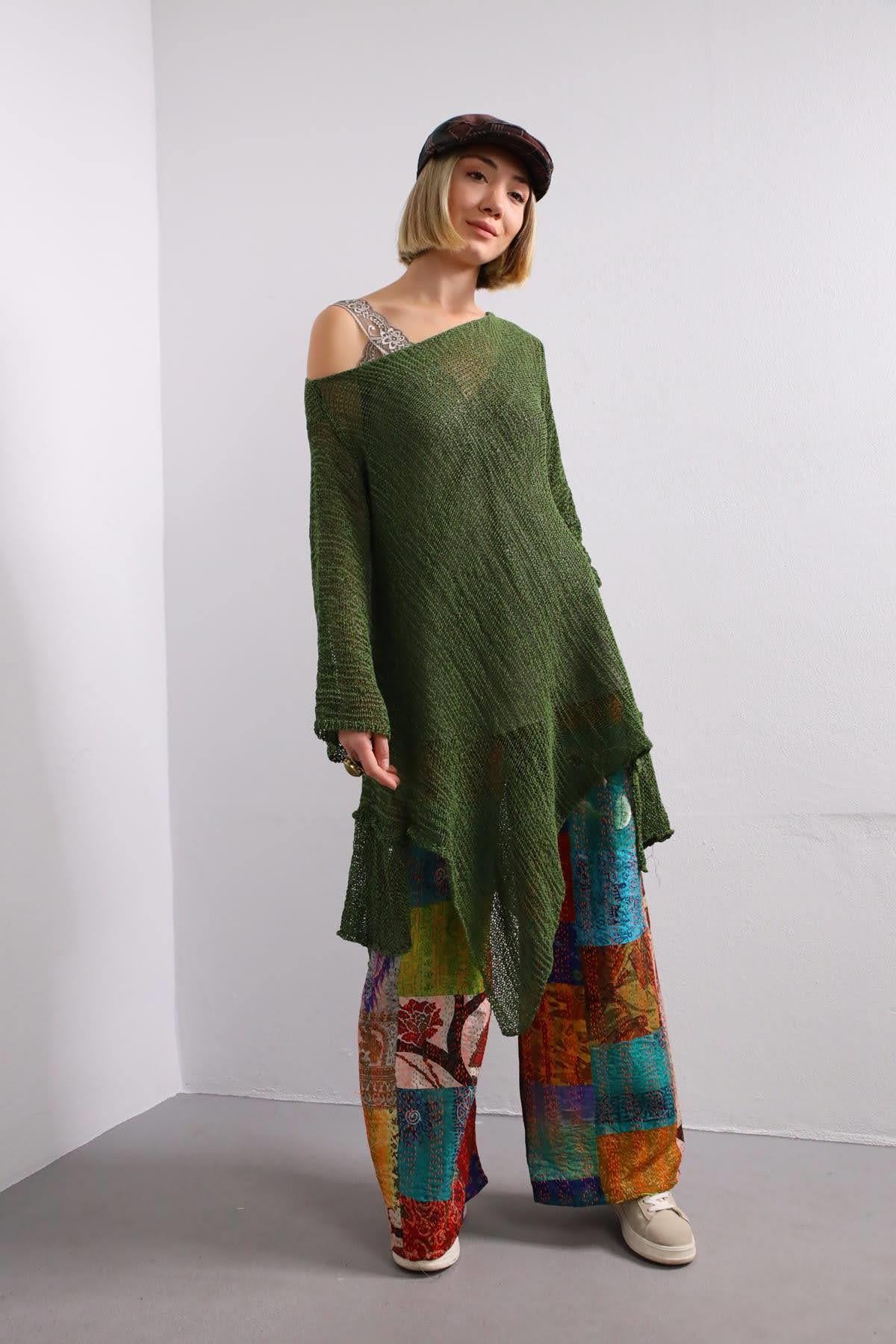 Green Asymmetric Cut Mercerized Loose Blouse - Saman Butik | Shop Online Green Asymmetric Cut Mercerized Loose Blouse