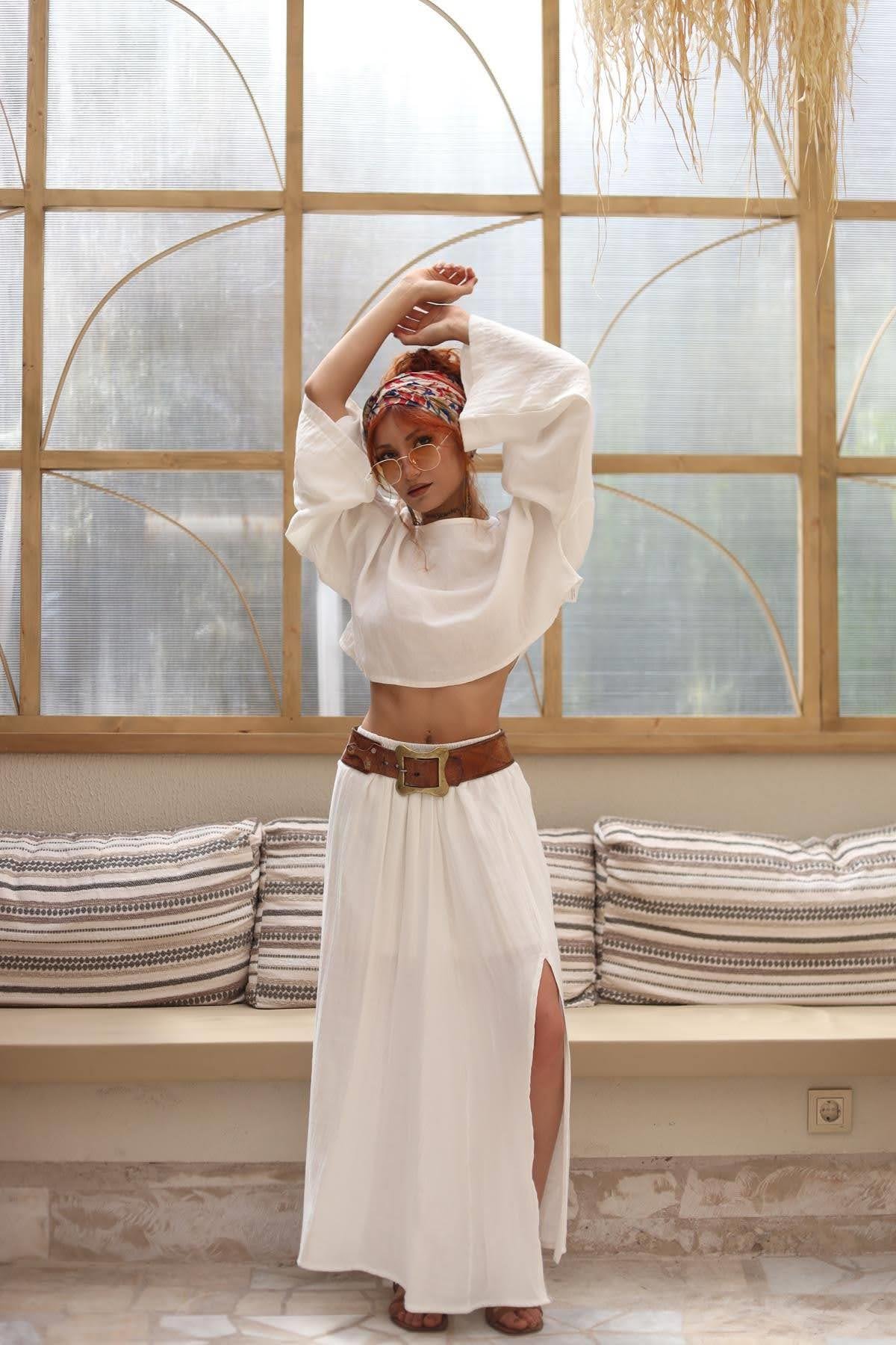 White Slit Skirt and Crop Set