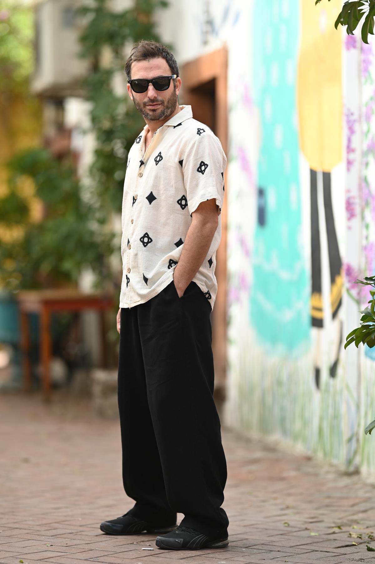 Cream Bordered Short Sleeve Men's Shirt