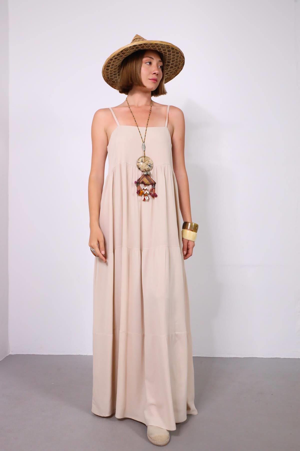 Krem Rengi Ayarlanabilir İp Askılı Yandan Fermuarlı Elbise - Şaman Butik Krem Rengi Ayarlanabilir İp Askılı Yandan Fermuarlı Elbise