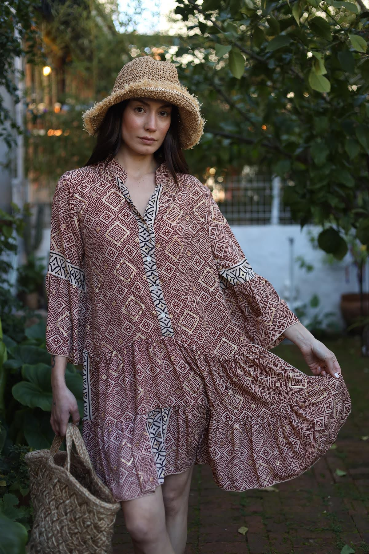 Burgundy Authentic Patterned Silk Dress