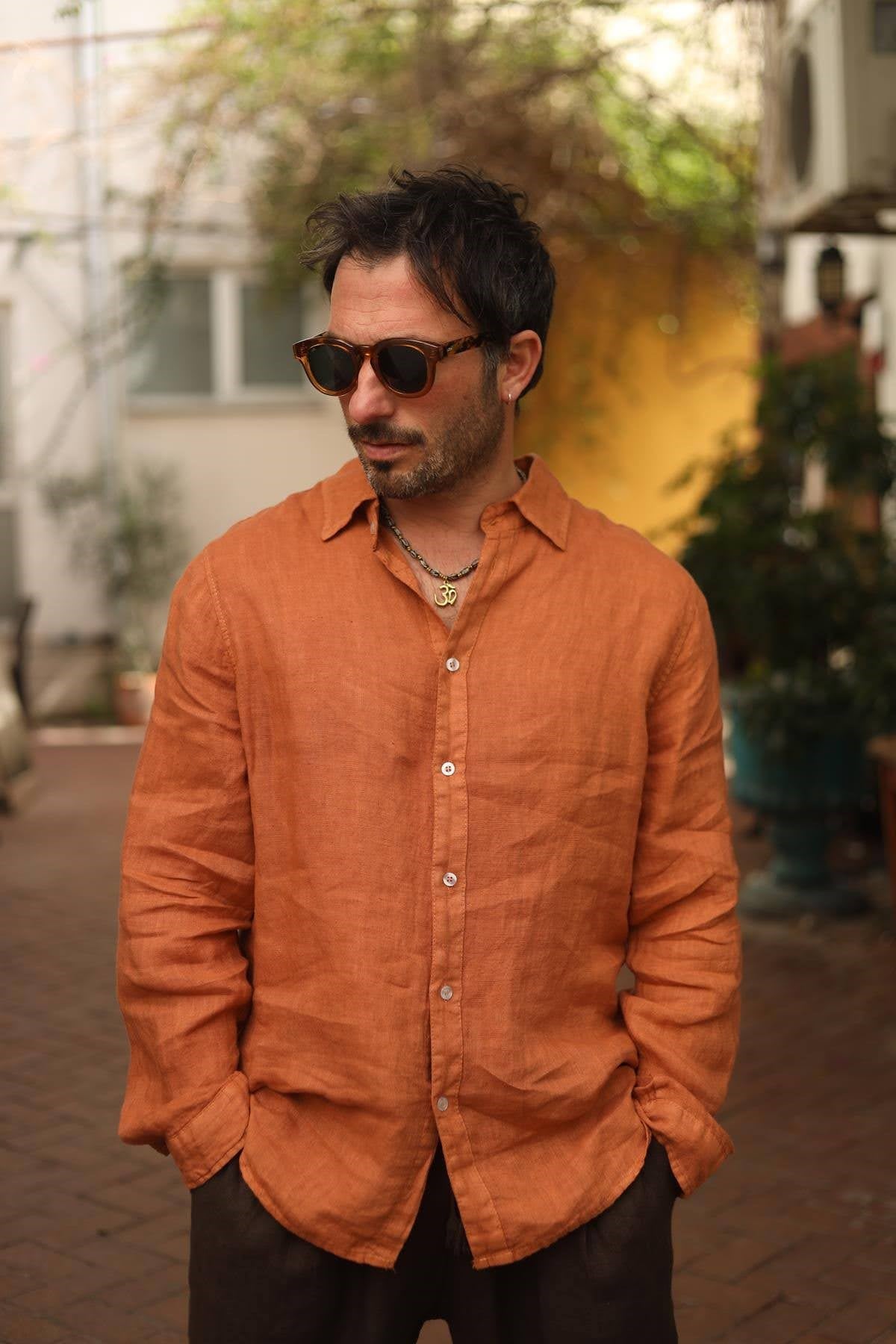 Kiremit Rengi Klasik Keten Erkek Gömlek