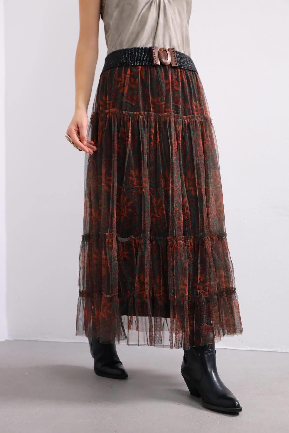 Kırmızı Yeşil Desenli Kat Kat Tül Etek - Şaman Butik Kırmızı Yeşil Desenli Kat Kat Tül Etek