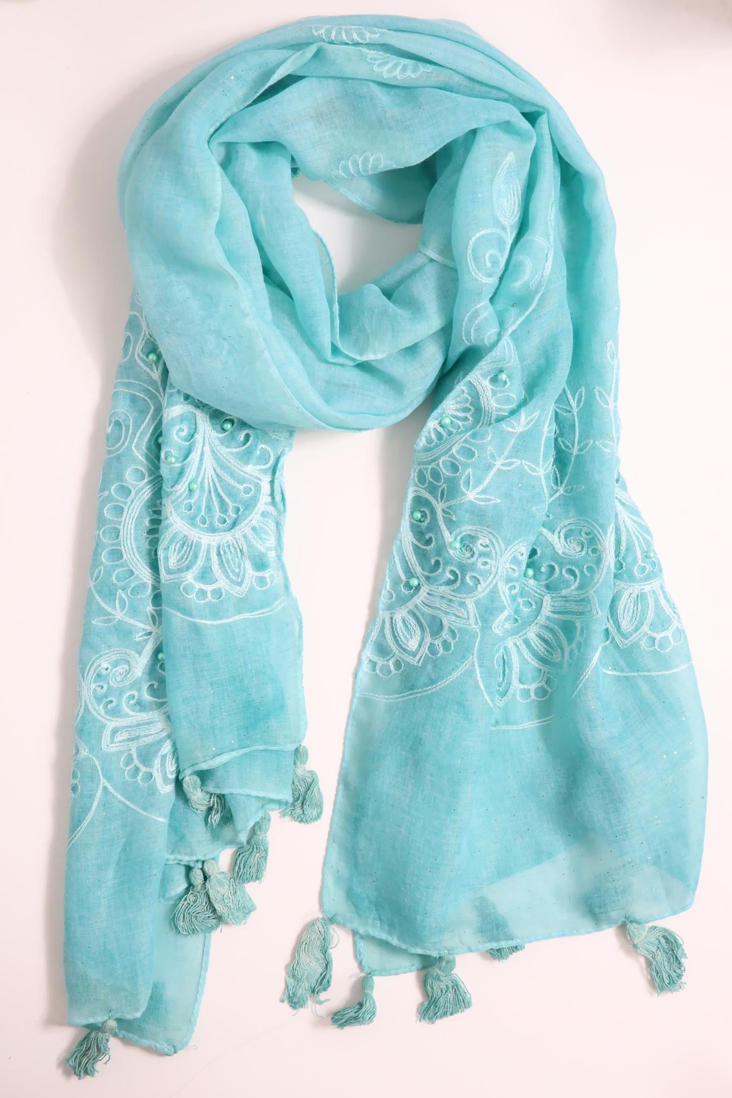  Turkuaz Simli İnci İşlemeli Şal
