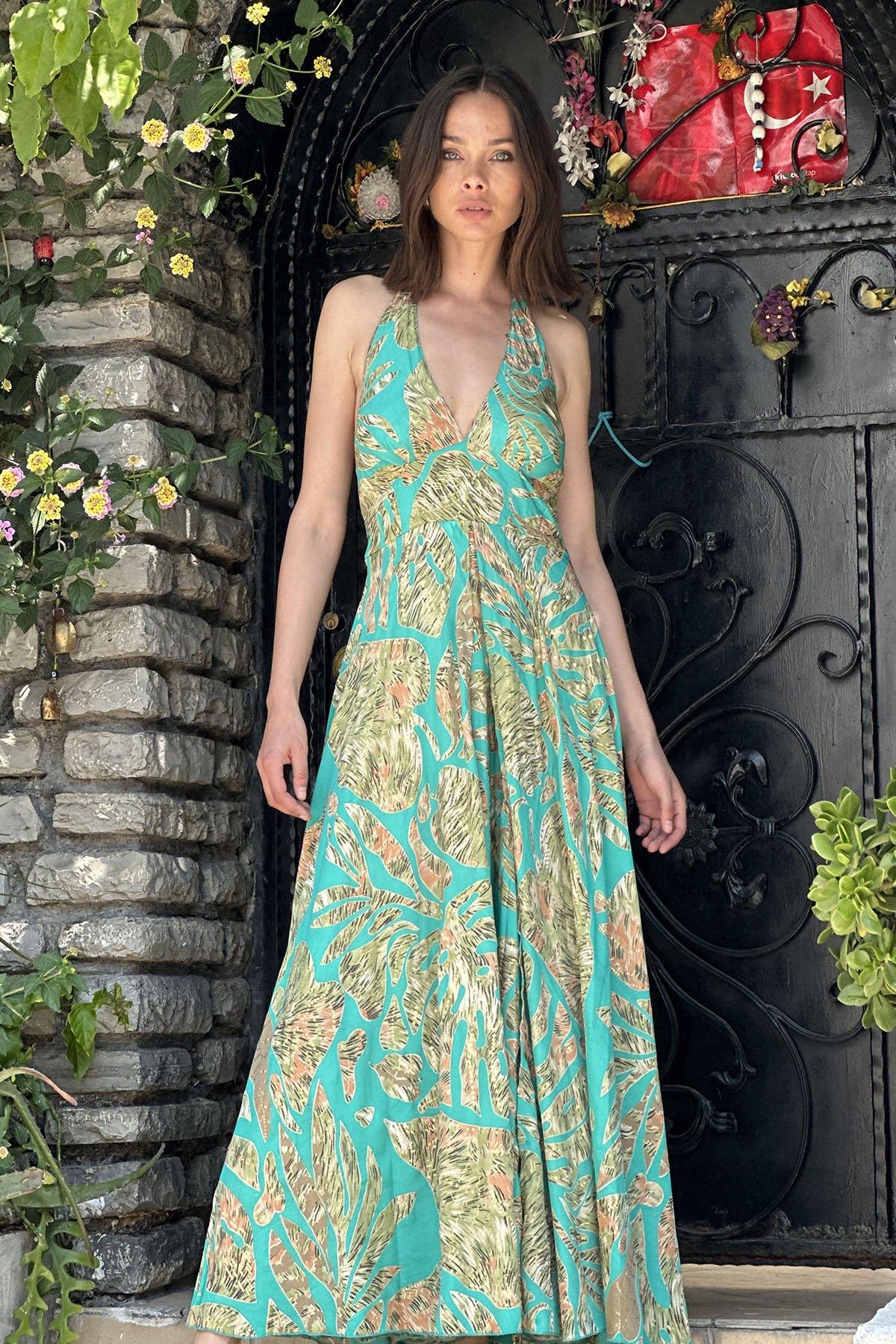 Mint Green Deep V Neck Tie Neck Silk Dress