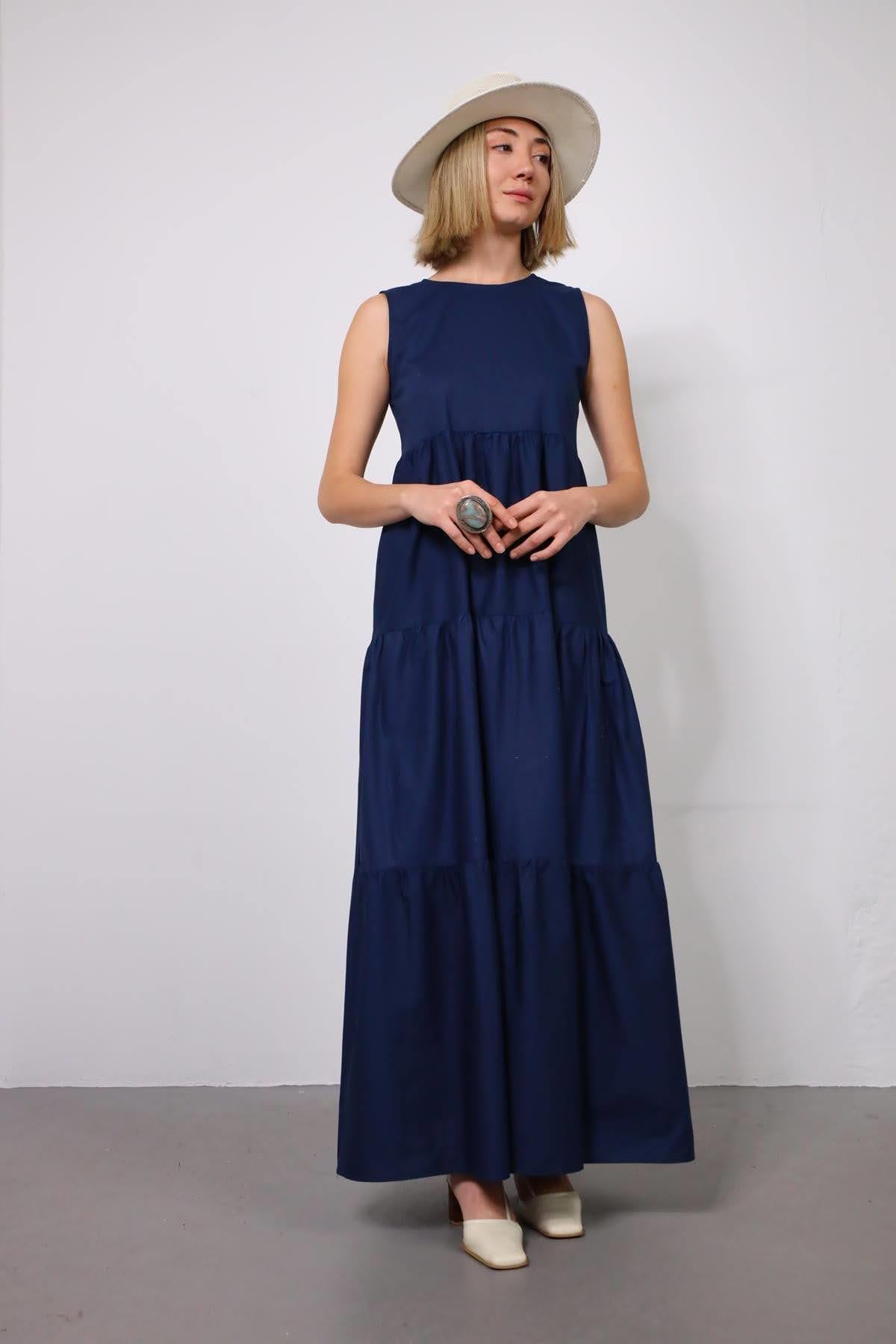 Lacivert Bisiklet Yaka Katlı Elbise - Şaman Butik - Bohem Giyim ve Aksesuar | Kadın & Erkek Lacivert Bisiklet Yaka Katlı Elbise