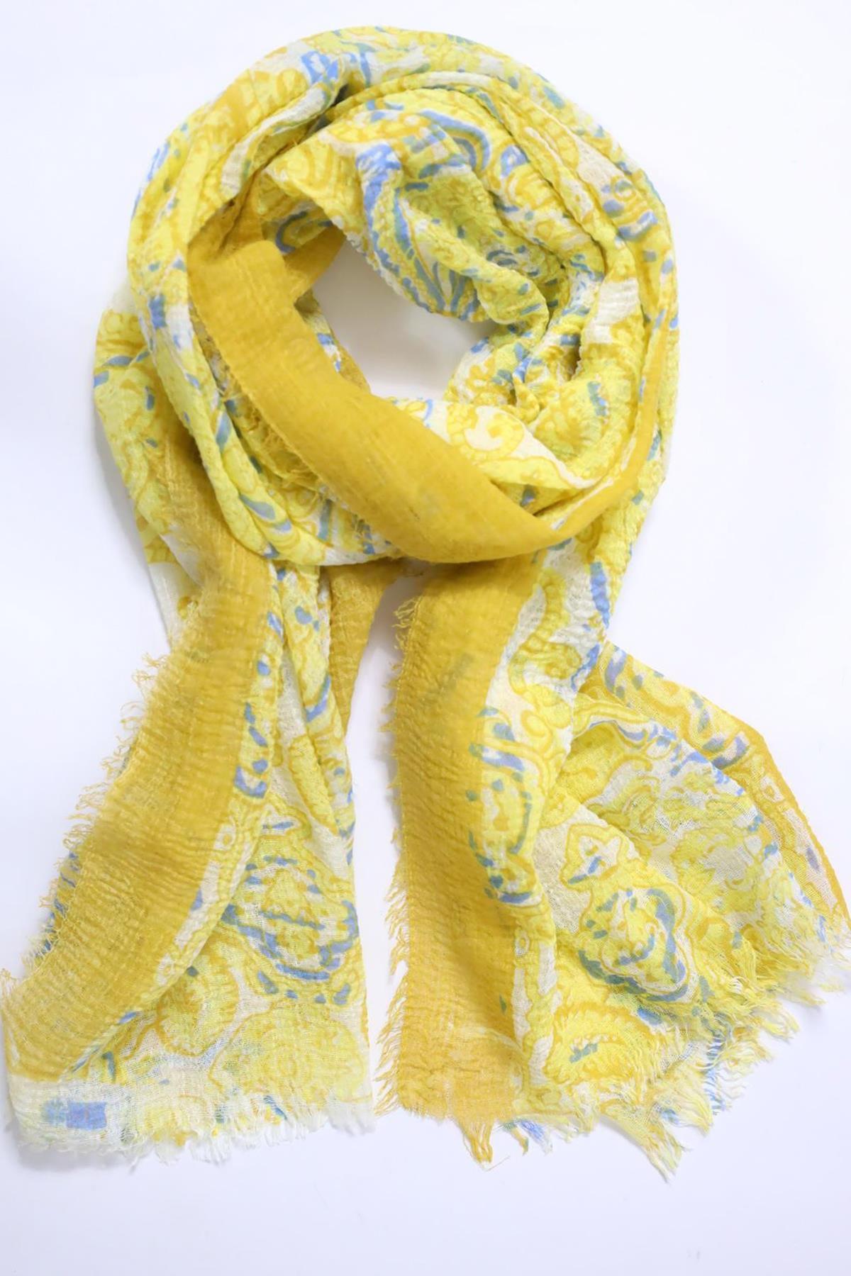 Hardal Rengi Desenli Saçaklı Şal - Şaman Butik Hardal Rengi Desenli Saçaklı Şal