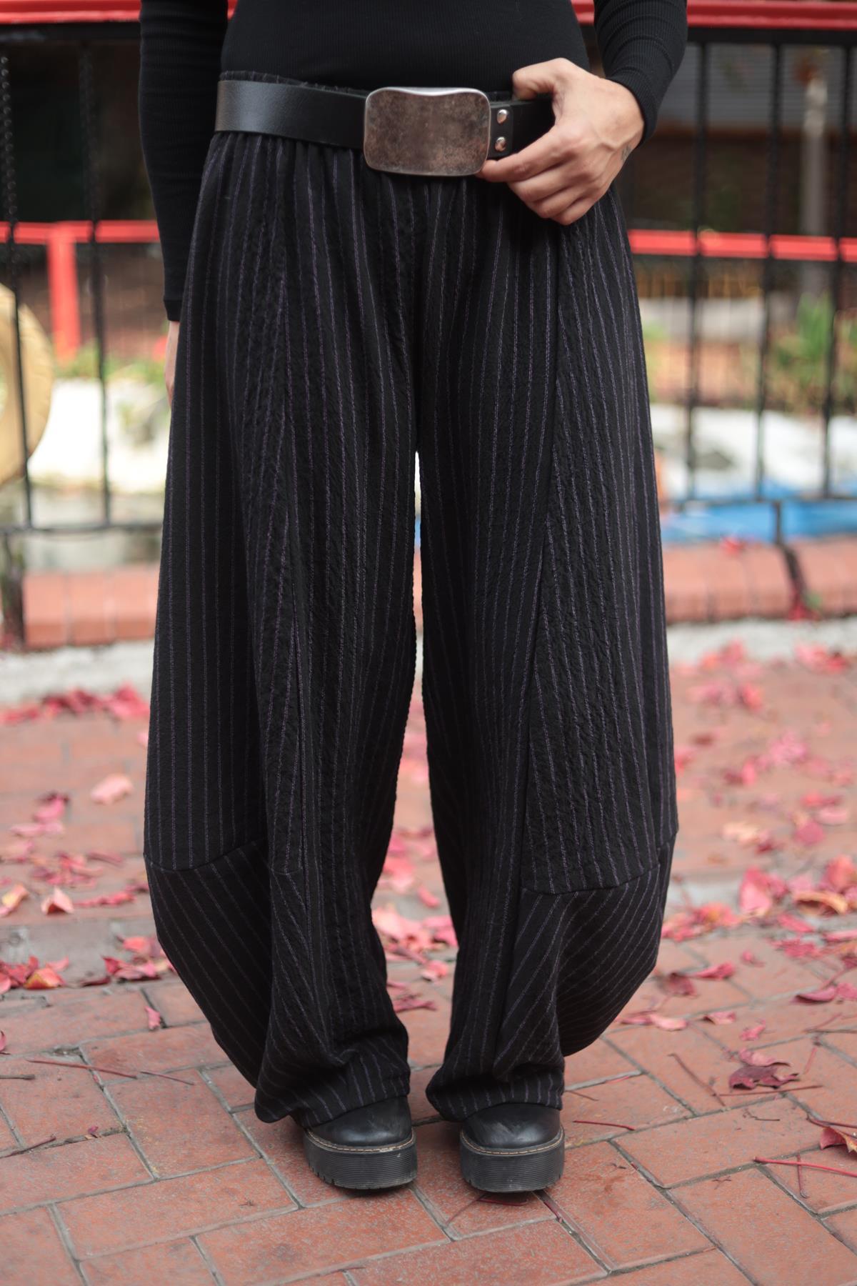 Siyah Lila Çizgili Pantolon