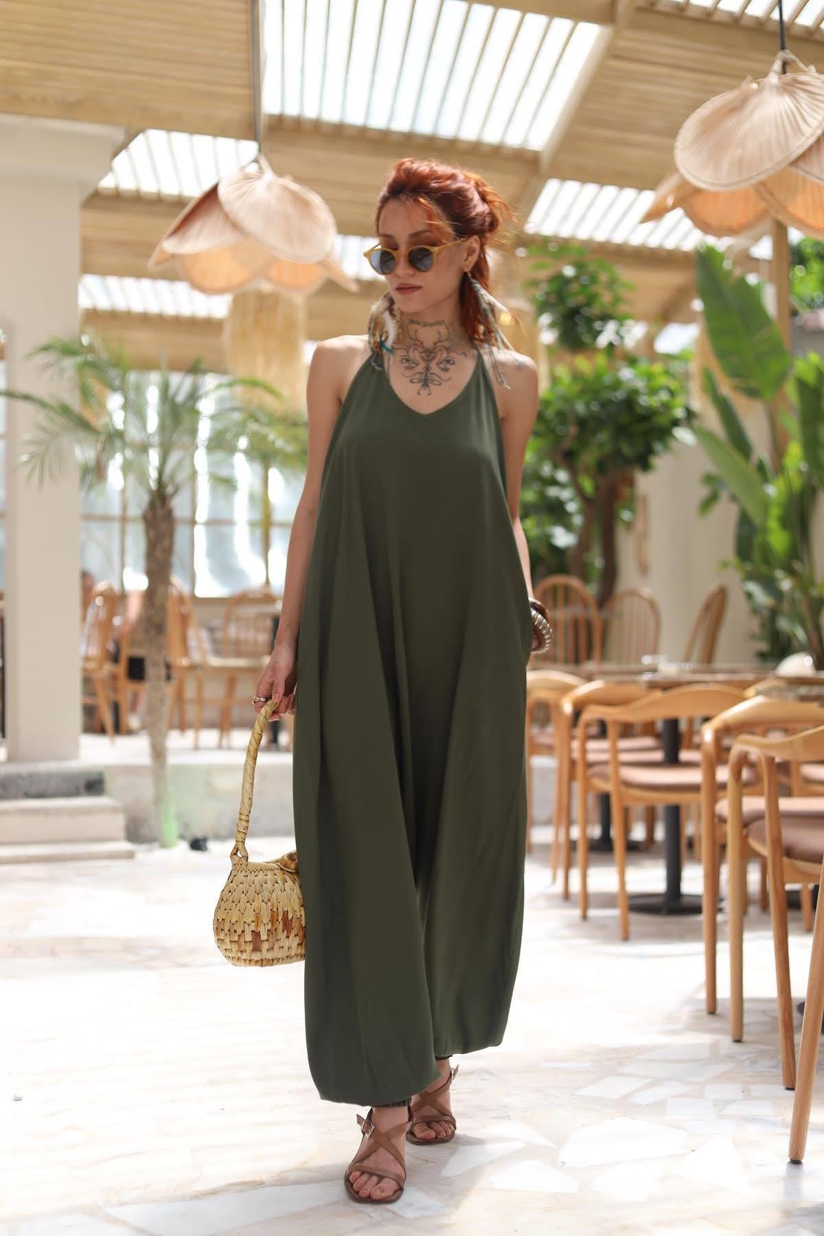 Khaki Halter Neck Elastic Cuff Jumpsuit