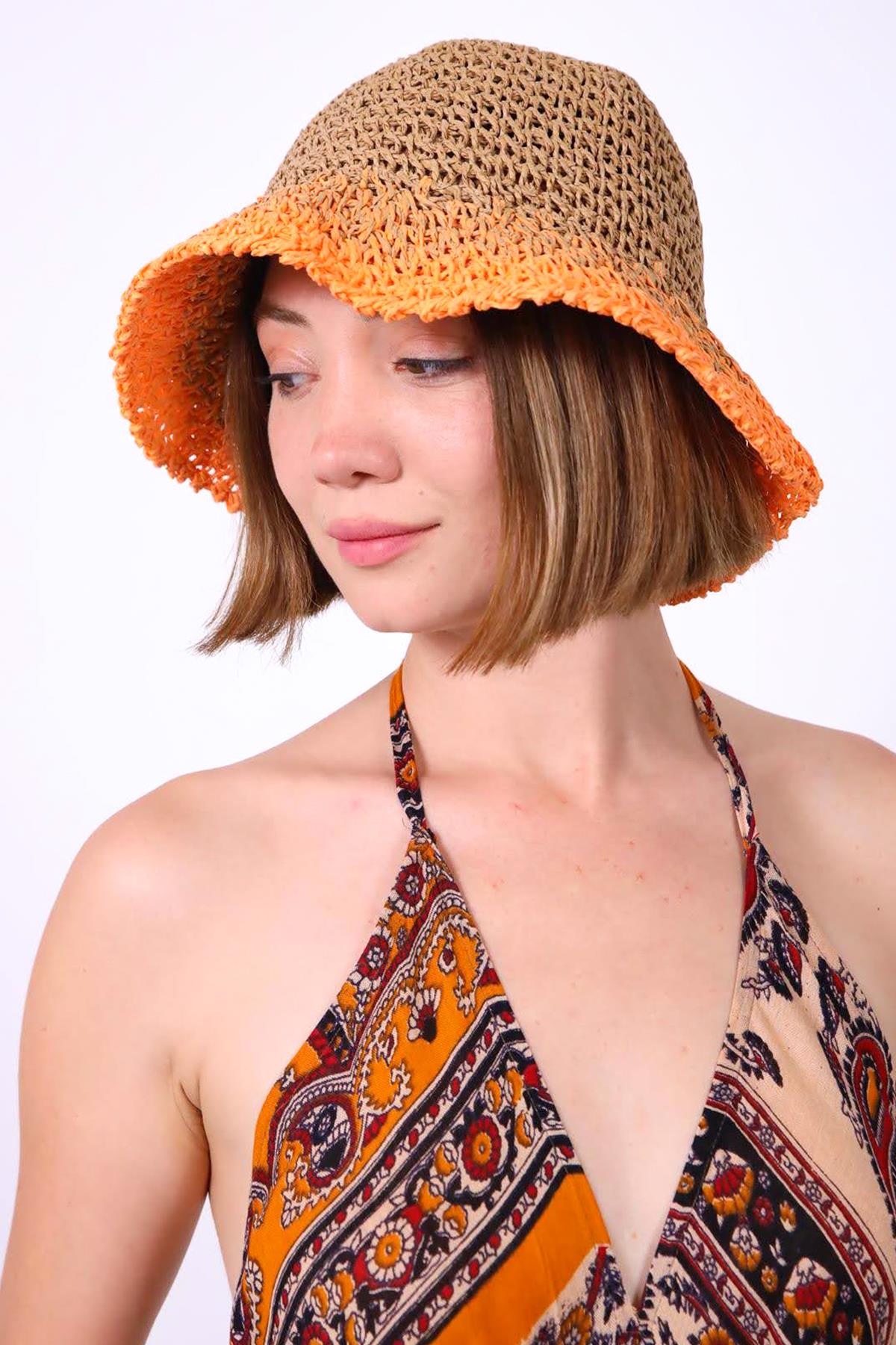  Turuncu Camel Rengi Geçişli El Örgüsü Hasır Şapka