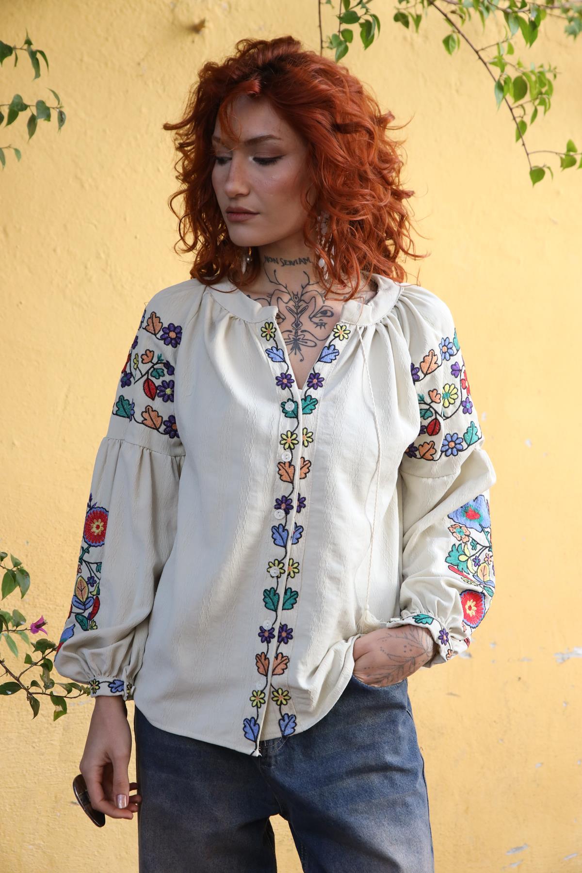 Beige Embroidery Bishop Sleeve Lace Up Collar Shirt