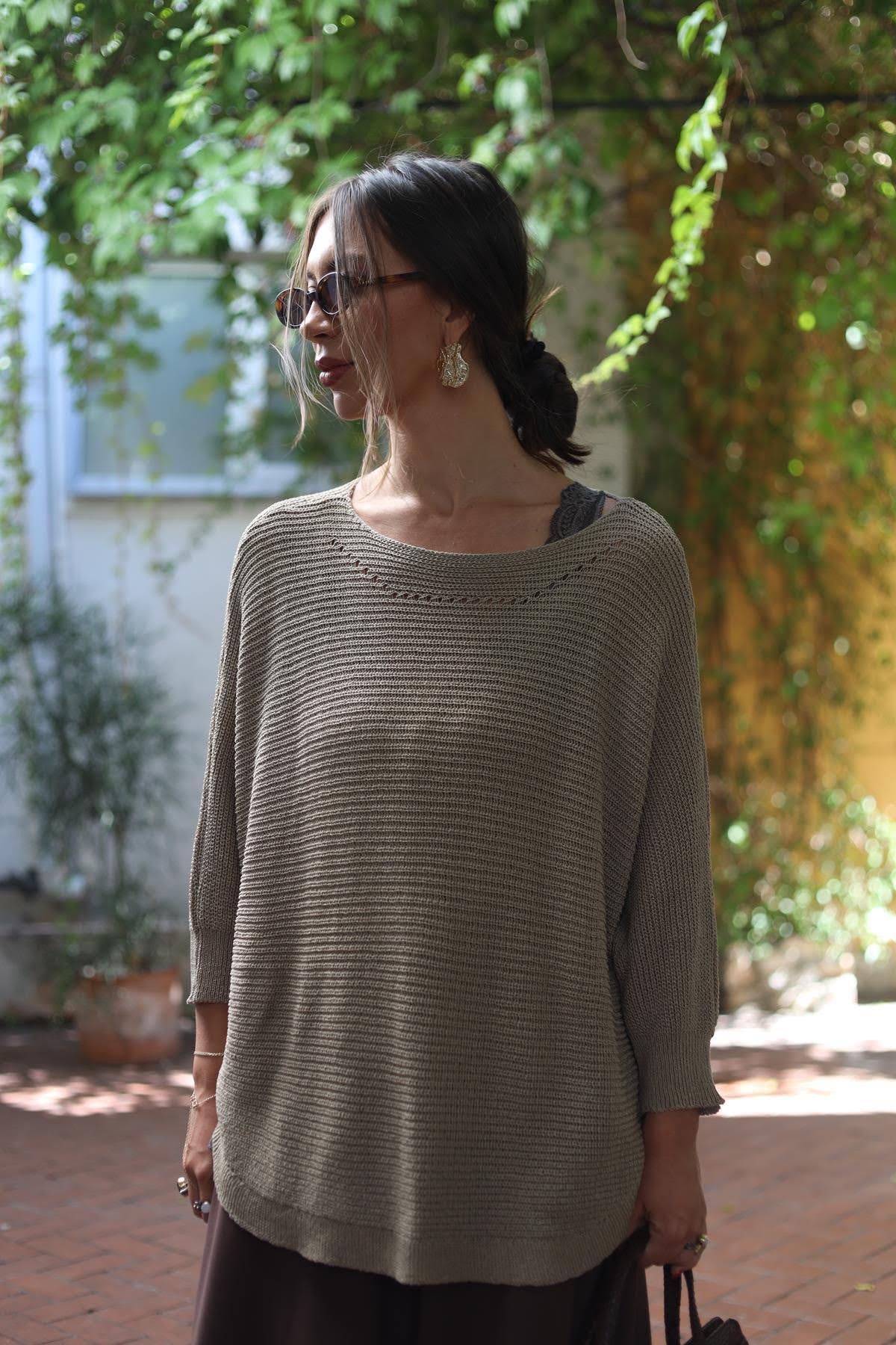 Vizon Rengi Yakası Ajurlu Selanik Tunik