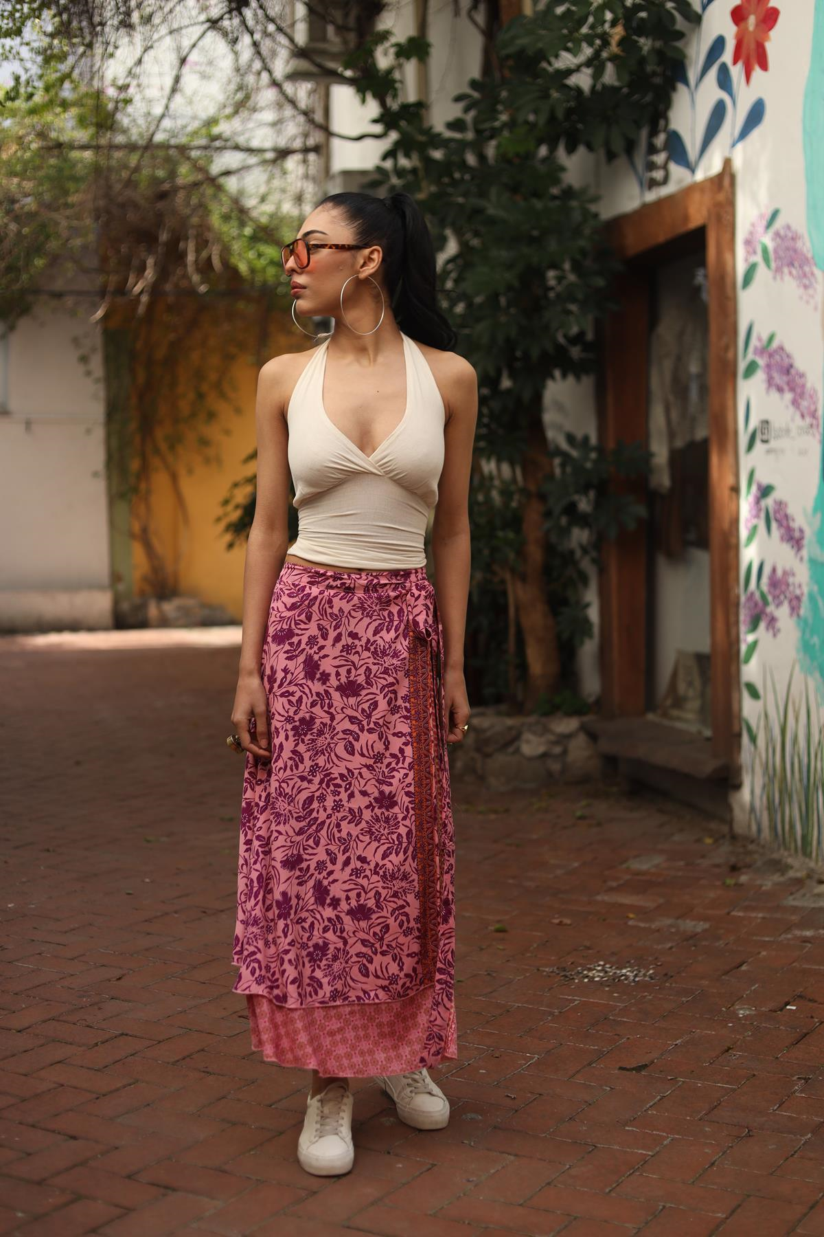 Pembe Çift Taraflı İpek Anvelop Etek