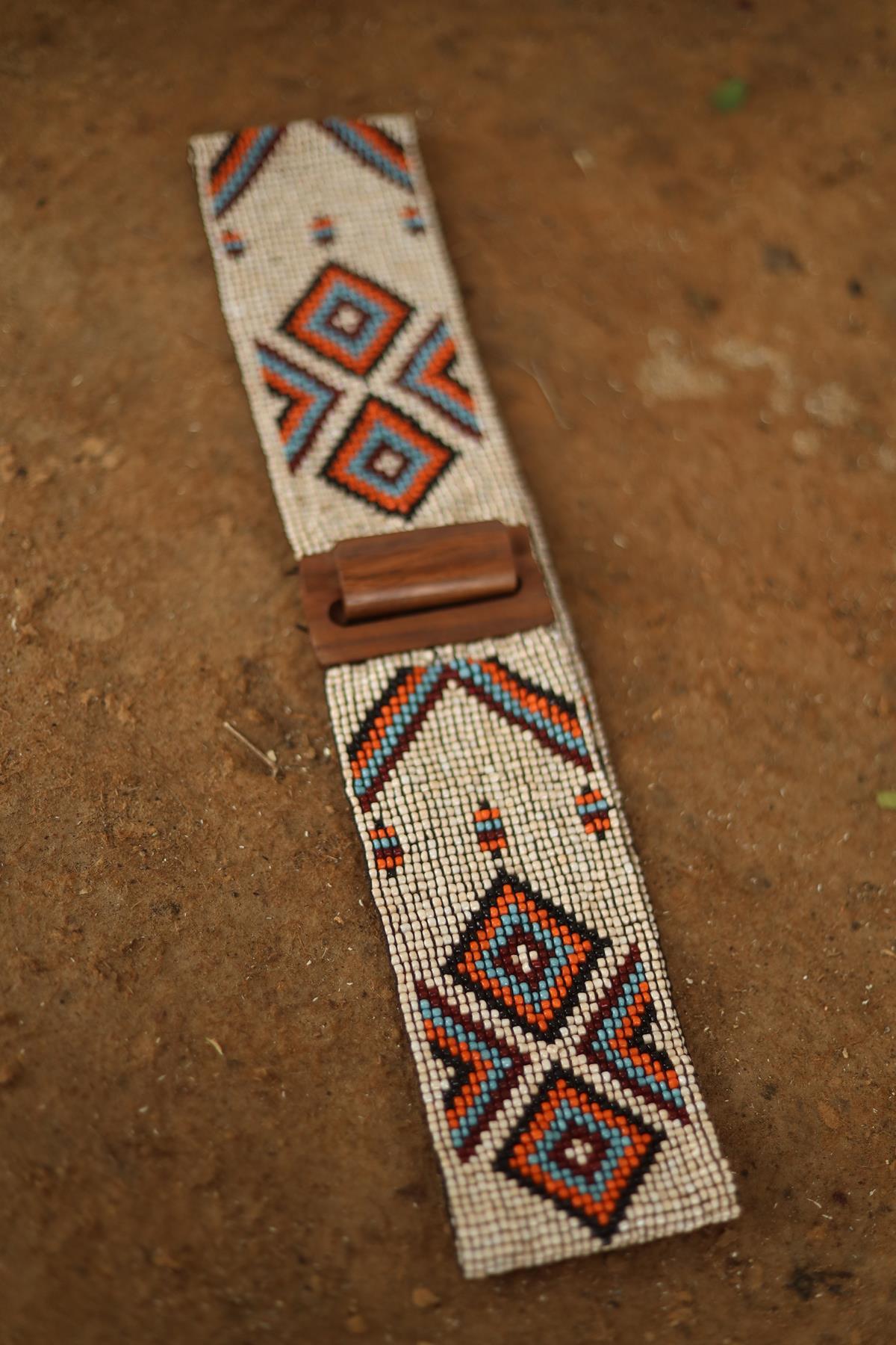 Cream Color Wooden Buckle Detailed Beaded Elastic Belt
