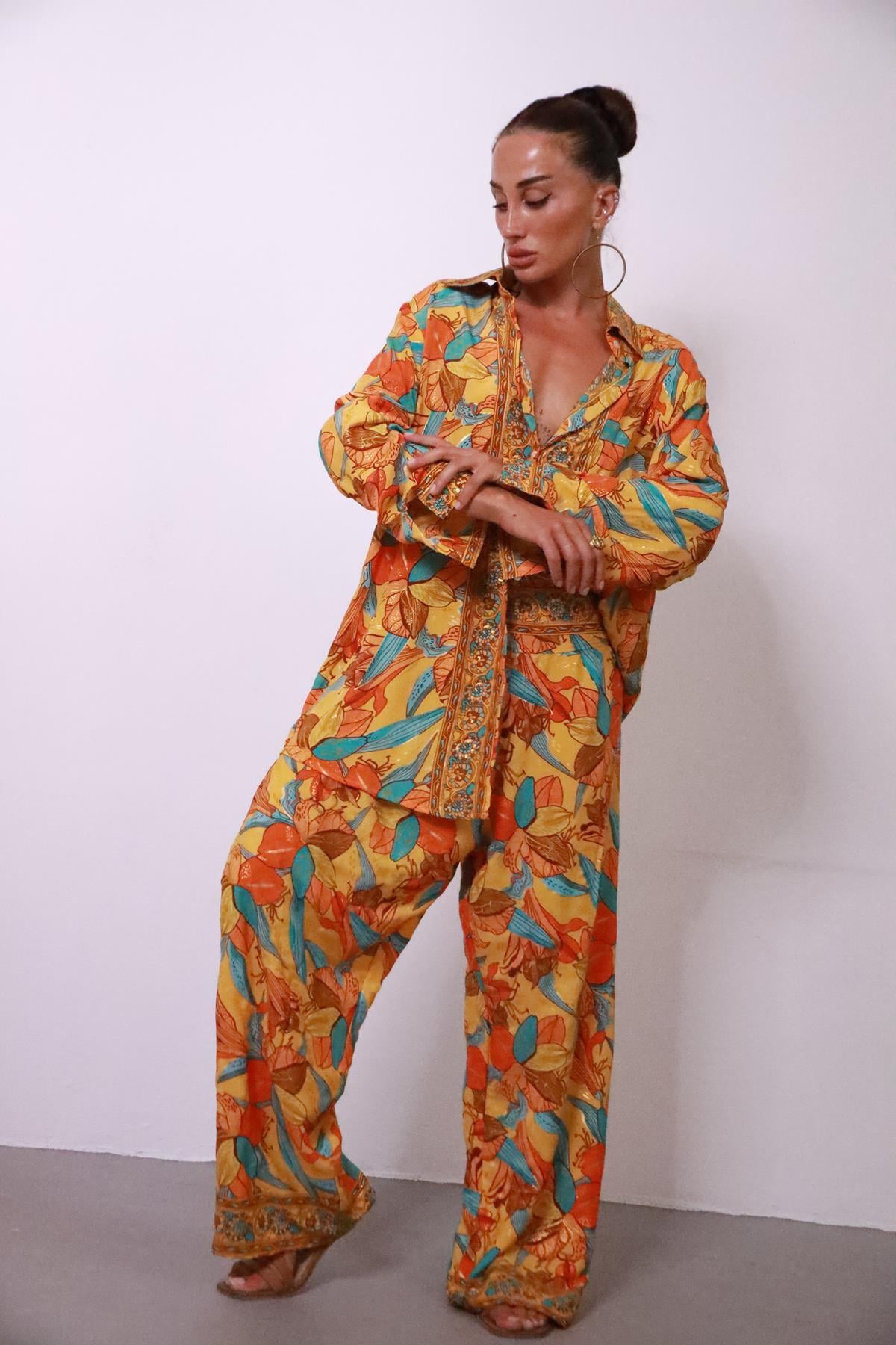 Hardal Rengi Otantik İpek Gömlek ve Pantolon Takım - Şaman Butik Hardal Rengi Otantik İpek Gömlek ve Pantolon Takım