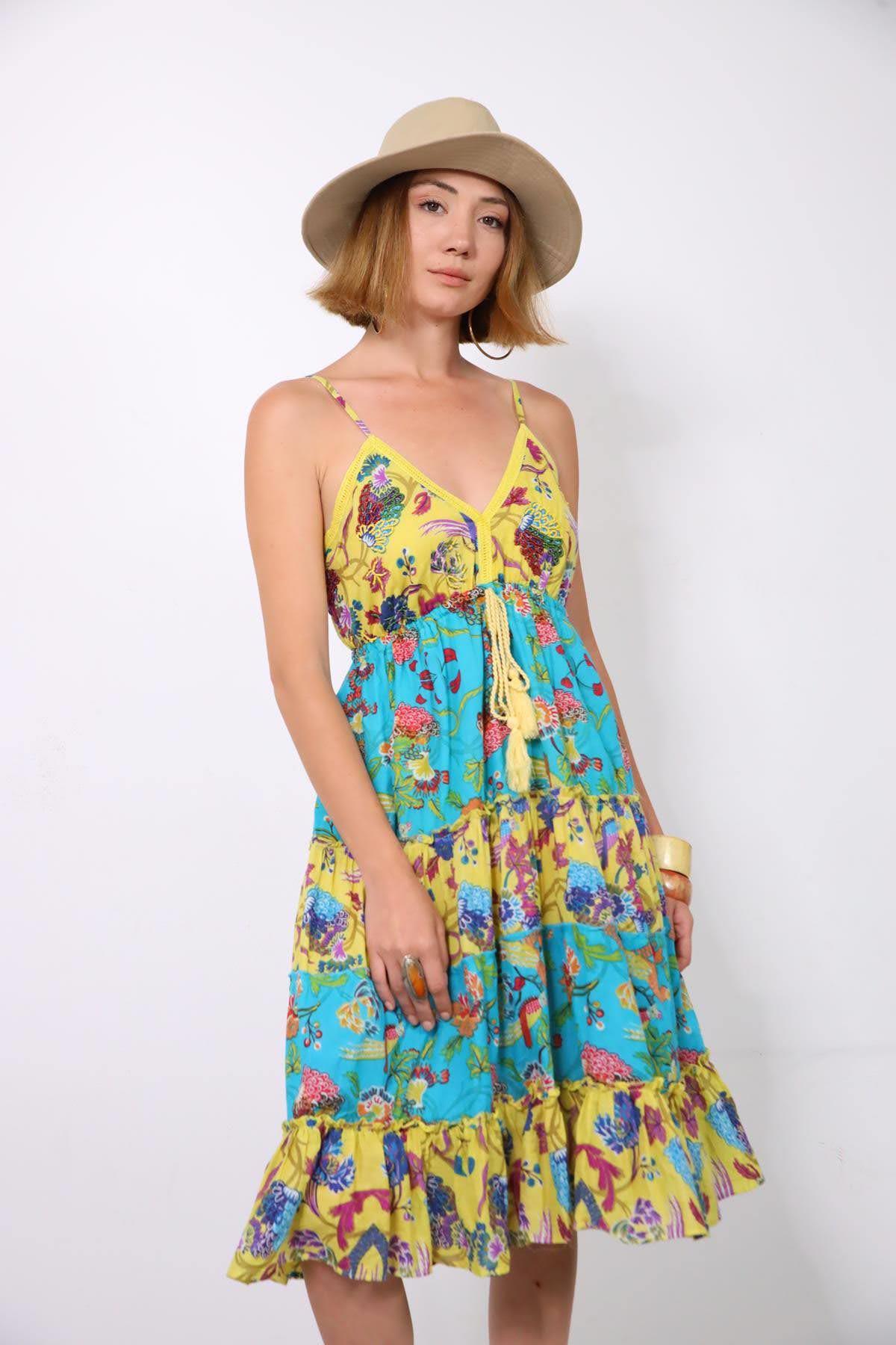 Turkuaz Güpür Detaylı Askılı Otantik Elbise - Şaman Butik Turkuaz Güpür Detaylı Askılı Otantik Elbise