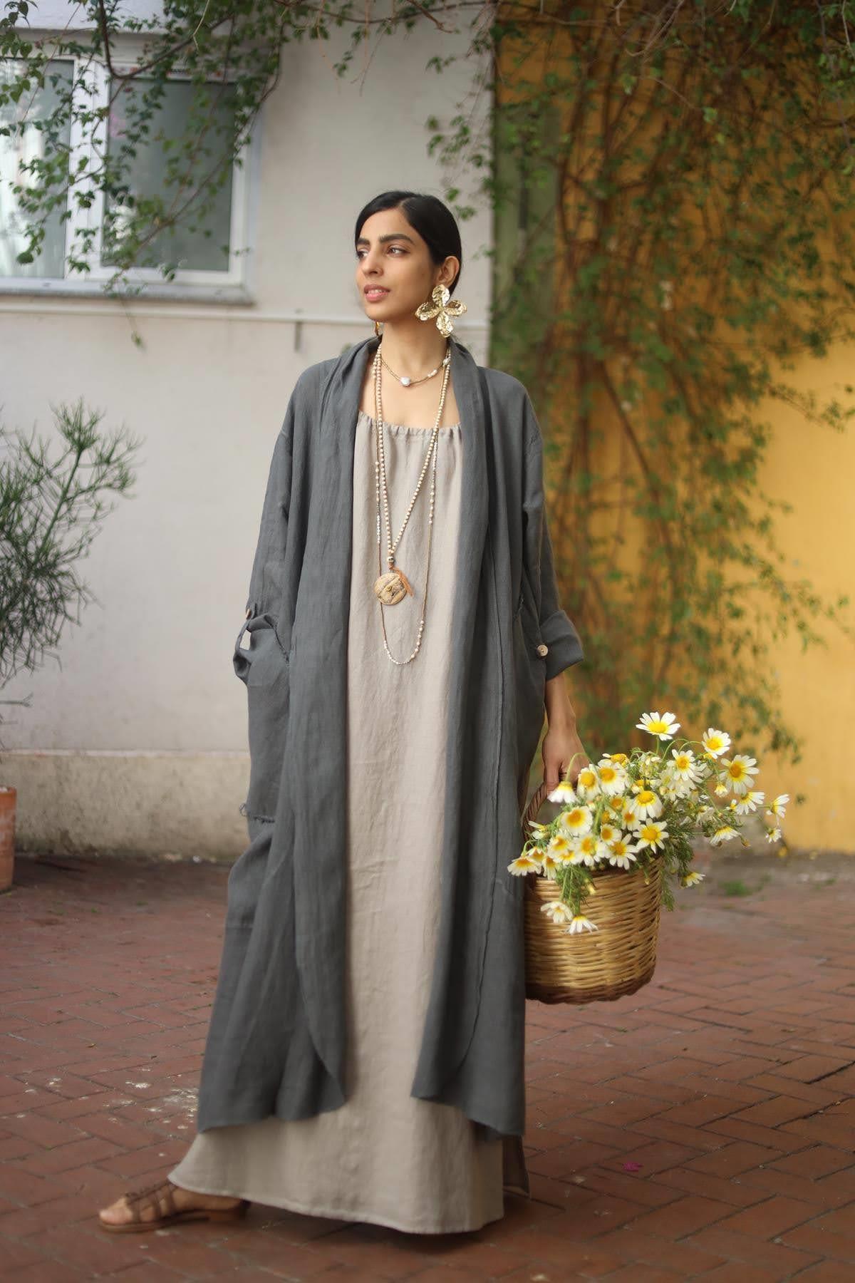  Anthracite Buttoned Pocket Linen Caftan