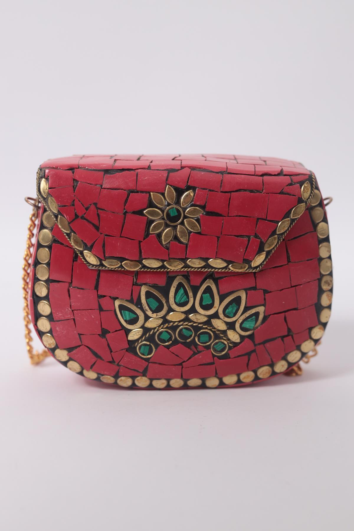 Kırmızı Taşlı Özel Tasarım Zarif Çanta