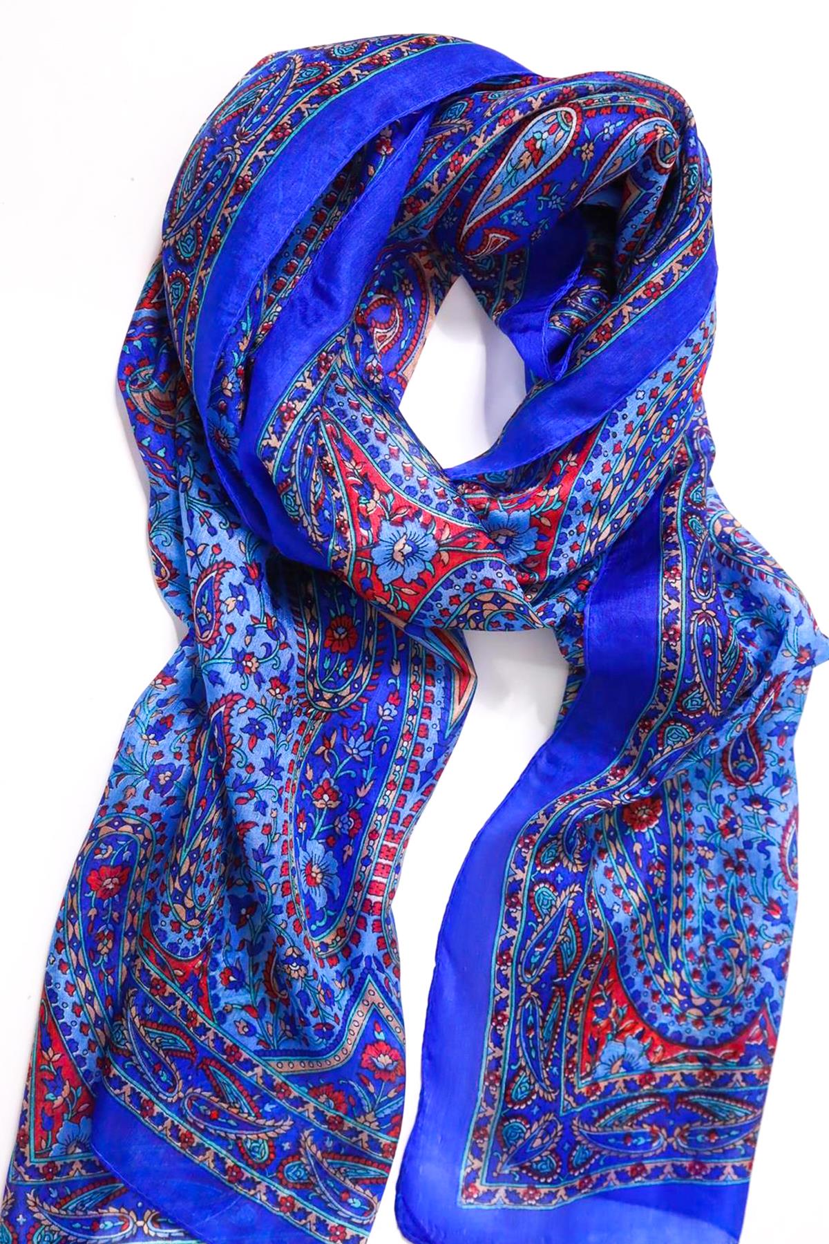  Saks Mavisi Desenli İpek Şal