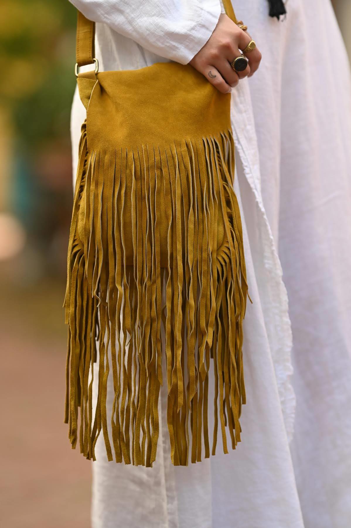 Mustard Color Tasseled Suede Leather Bag