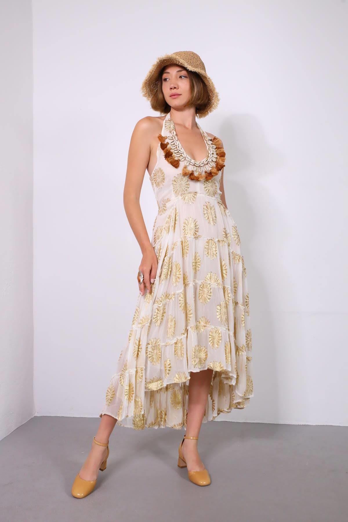 Ekru Boyundan Askılı Deniz Kabuğu Püsküllü Bohem Elbise - Şaman Butik Ekru Boyundan Askılı Deniz Kabuğu Püsküllü Bohem Elbise