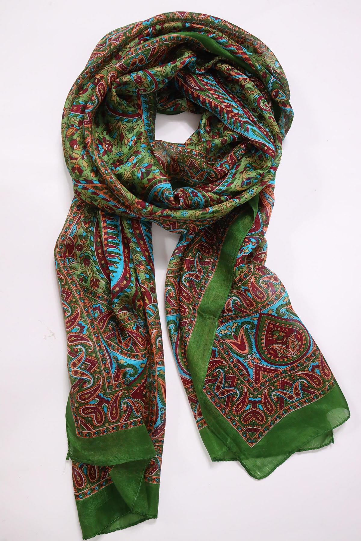 Yeşil Desenli İpek Şal - Şaman Butik Yeşil Desenli İpek Şal
