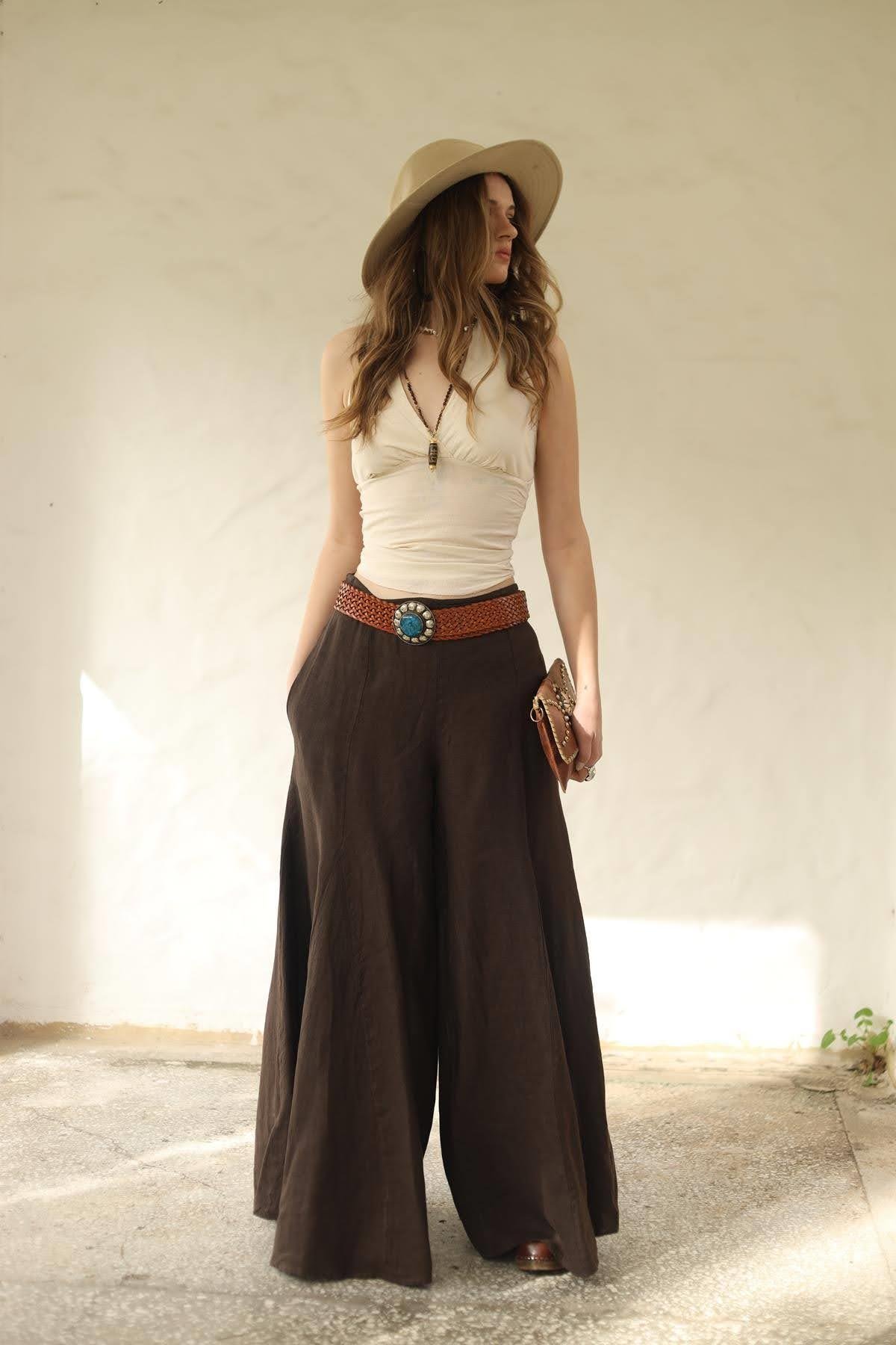 Kahverengi Keten Pantolon Etek