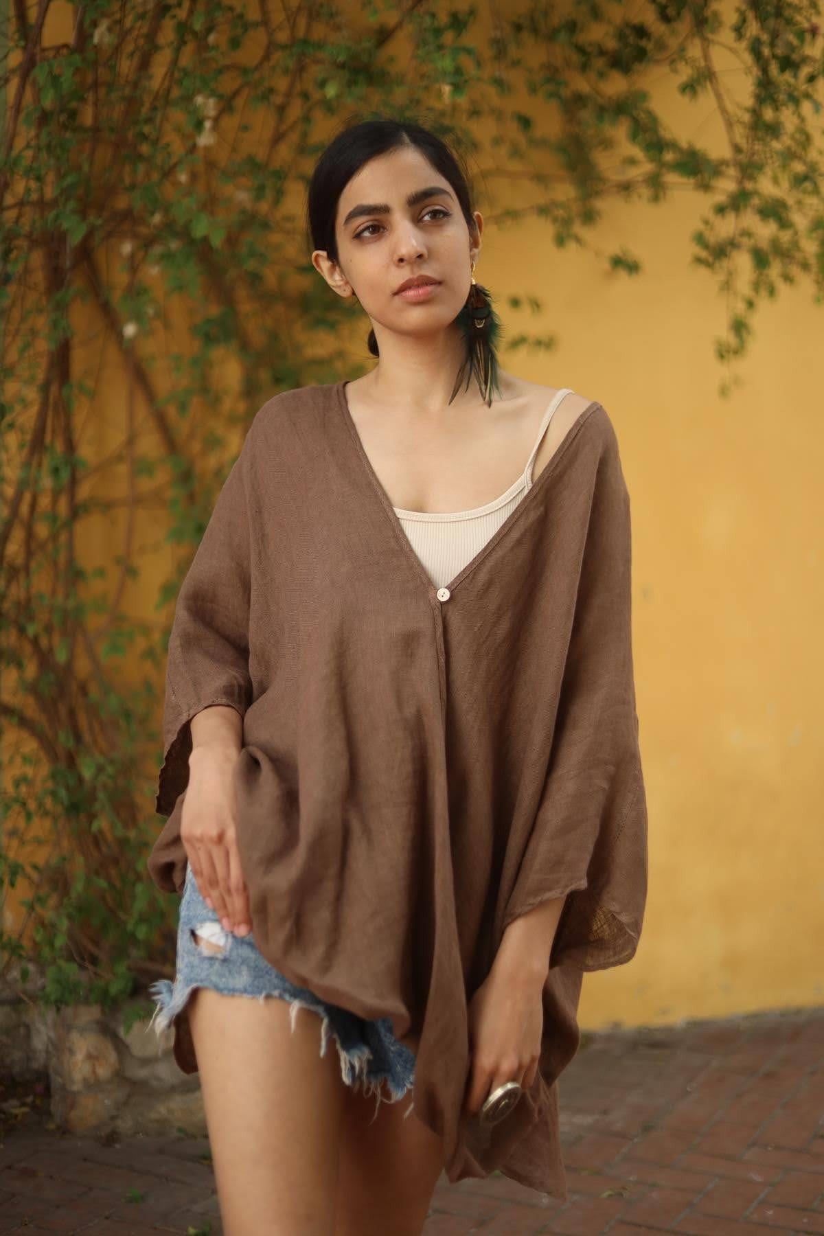 Kahverengi Tek Düğme Keten Judith Bluz