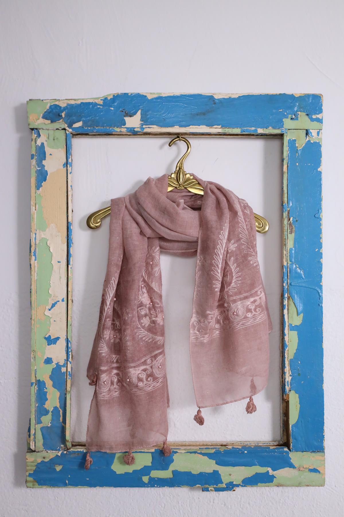 Pudra Pembe Simli İnci İşlemeli Şal - Şaman Butik Pudra Pembe Simli İnci İşlemeli Şal