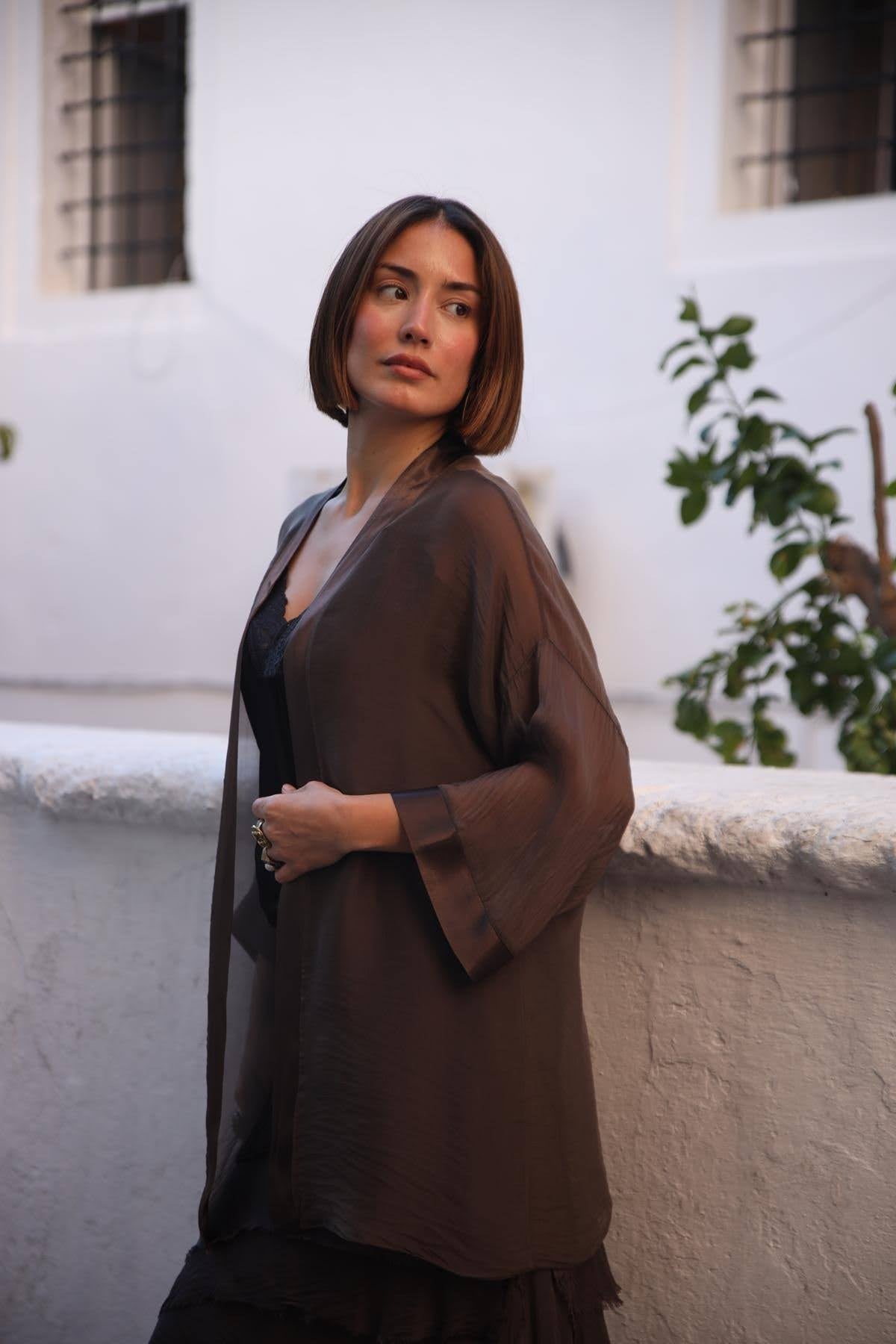 Kahverengi Kısa Saten Kaftan