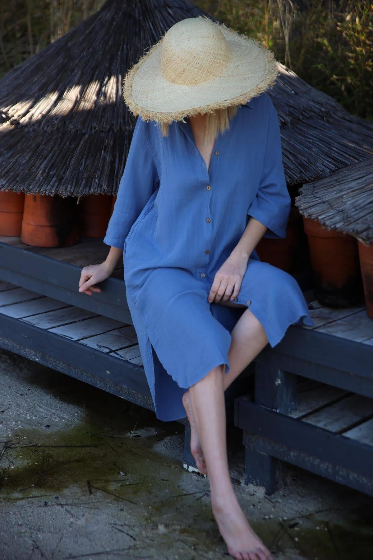 İndigo Mavi Apoletli Müslin Gömlek Elbise - Şaman Butik İndigo Mavi Apoletli Müslin Gömlek Elbise