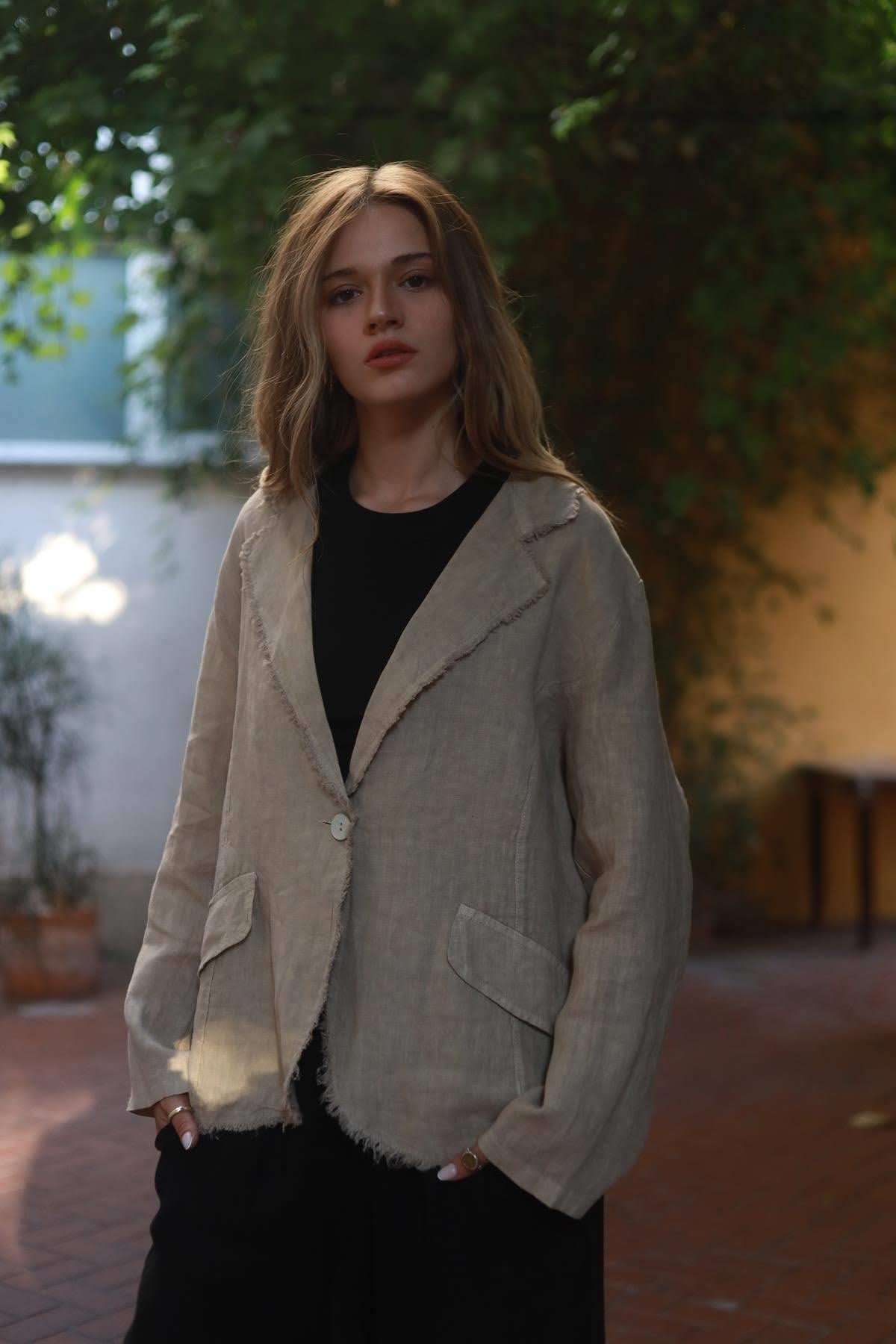 Camel Rengi Saçak Detaylı Keten Ceket