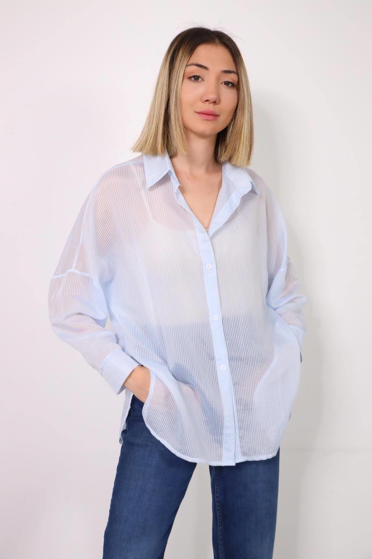 Mavi Çizgili Dik Yaka Gömlek - Şaman Butik Mavi Çizgili Dik Yaka Gömlek