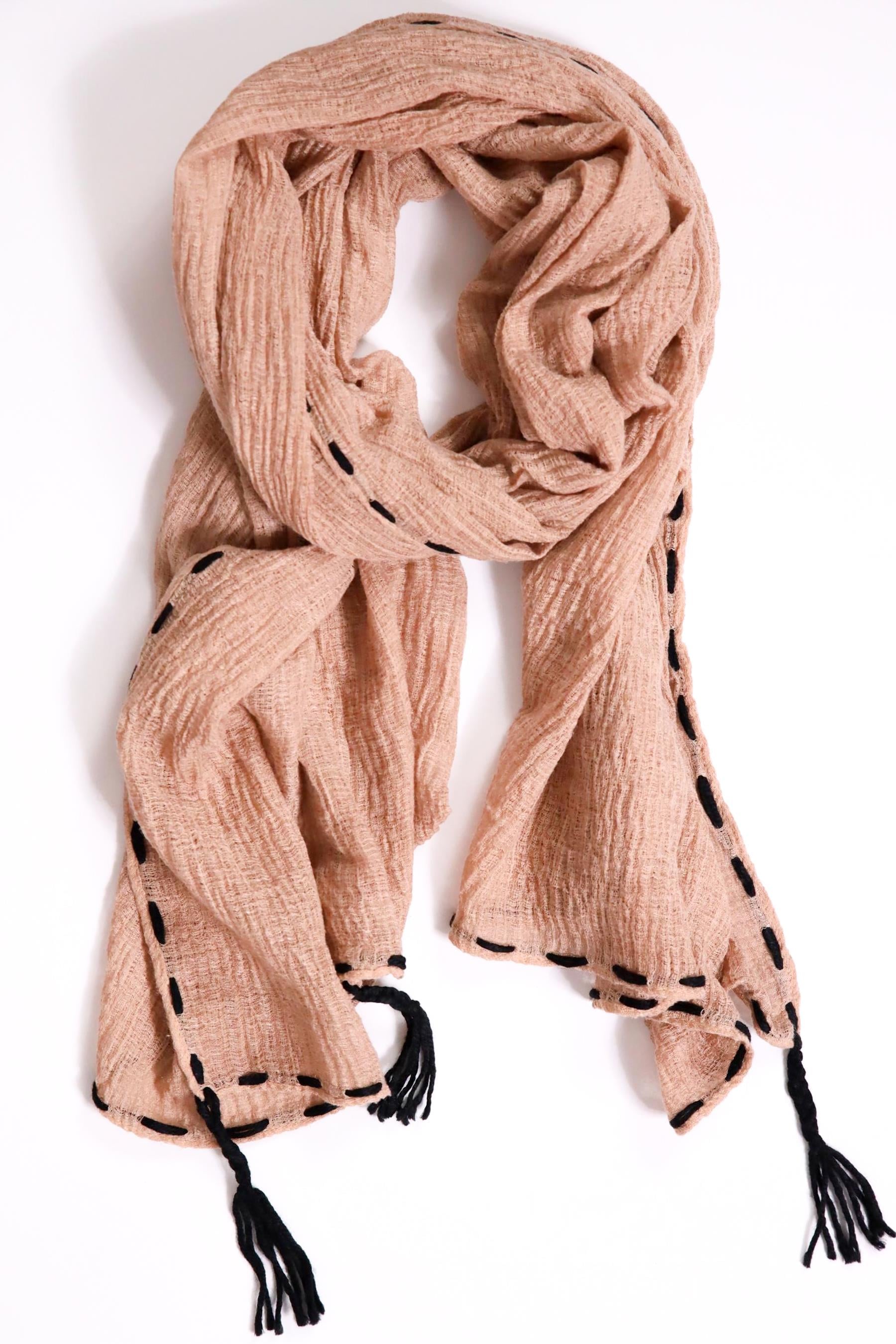 Sütlü Kahve Kenarları İpli Pamuk Şal - Şaman Butik Sütlü Kahve Kenarları İpli Pamuk Şal