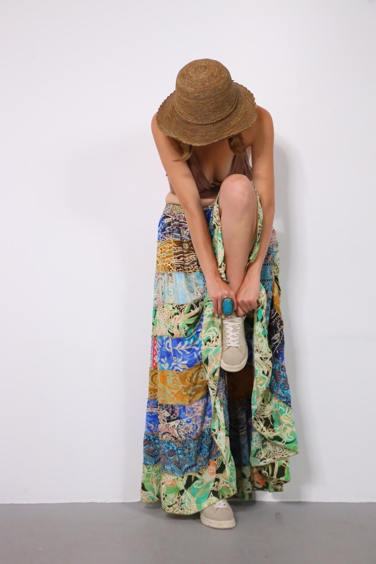 Renkli Patchwork Otantik İpek Etek - Şaman Butik Renkli Patchwork Otantik İpek Etek