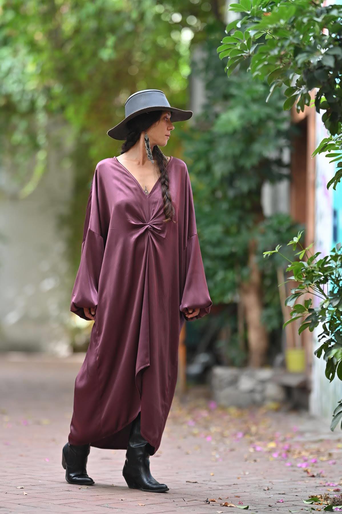 Bordo Önü Büzgülü Saten Elbise