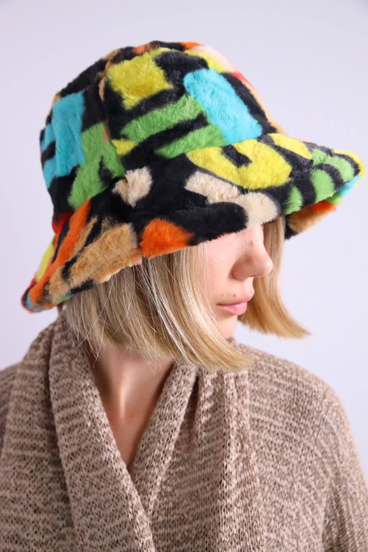 Renkli Peluş Bucket Şapka - Şaman Butik Renkli Peluş Bucket Şapka