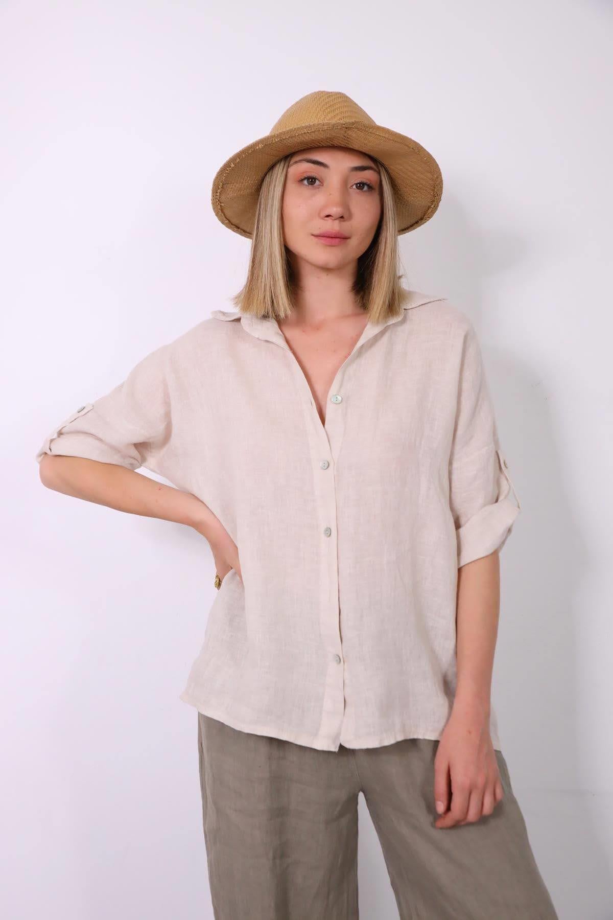  Krem Rengi Kolları Apoletli Keten Gömlek
