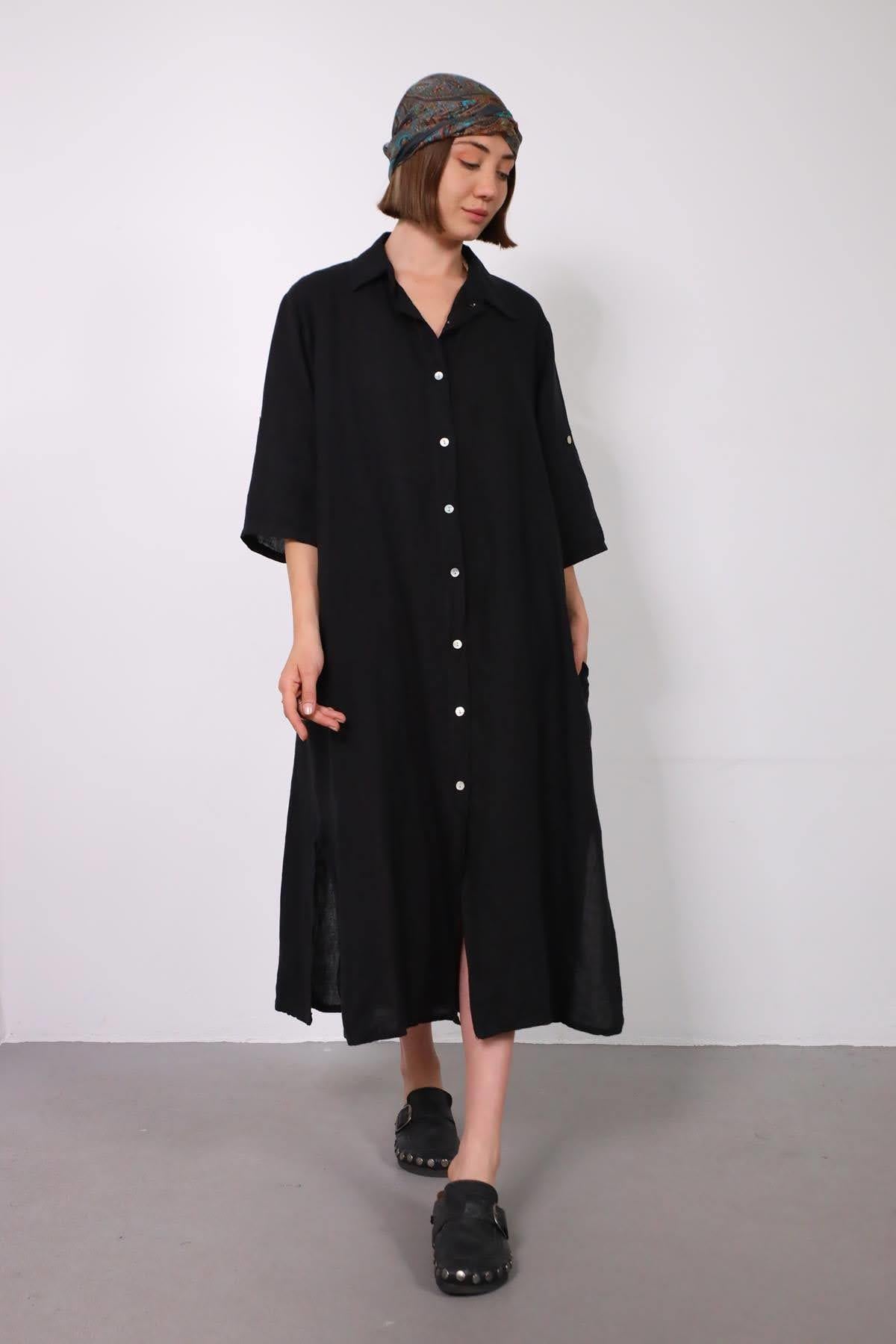 Siyah Kısa Kollu Keten Gömlek Elbise - Şaman Butik Siyah Kısa Kollu Keten Gömlek Elbise