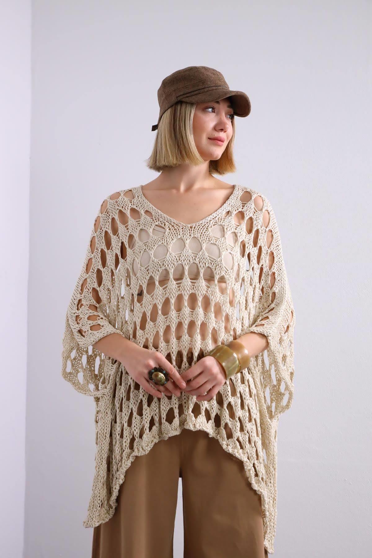  Krem Rengi Salaş File Örgü Kazak