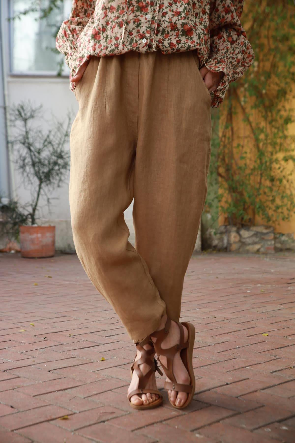 Camel Rengi Keten Judith Pantolon