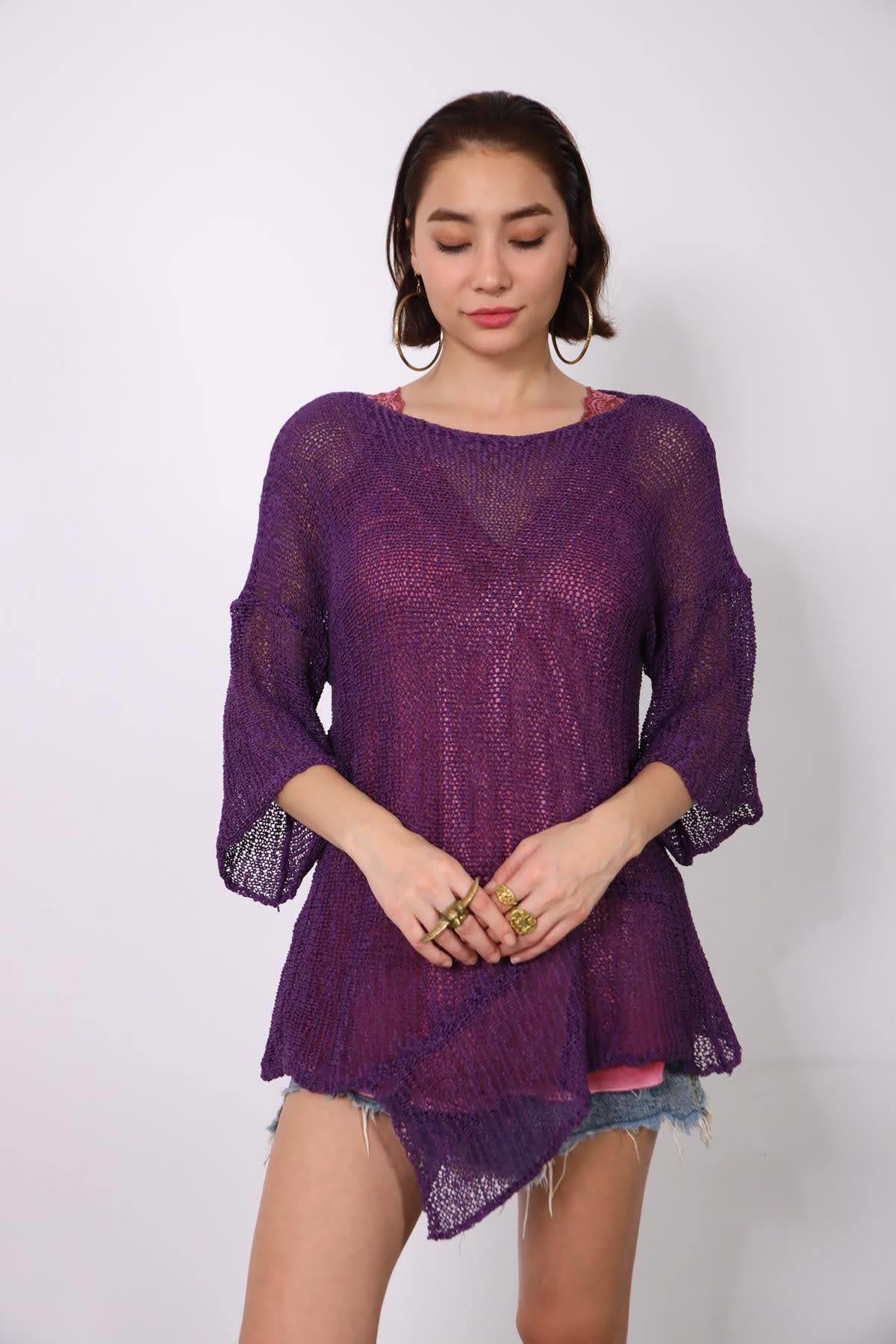 Purple Asymmetric Design Mercerized Blouse Purple Asymmetric Design Mercerized Blouse