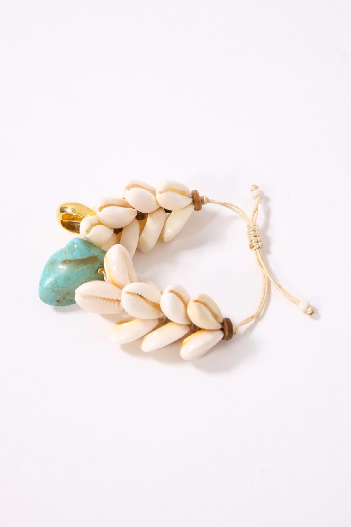 Ahşap Ve Gold Detaylı Turkuaz Deniz Kabuğu Bileklik - Şaman Butik Ahşap Ve Gold Detaylı Turkuaz Deniz Kabuğu Bileklik