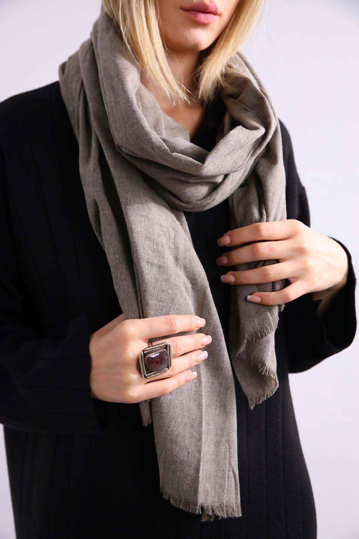 Gri Saçaklı Pamuk Şal - Şaman Butik Gri Saçaklı Pamuk Şal