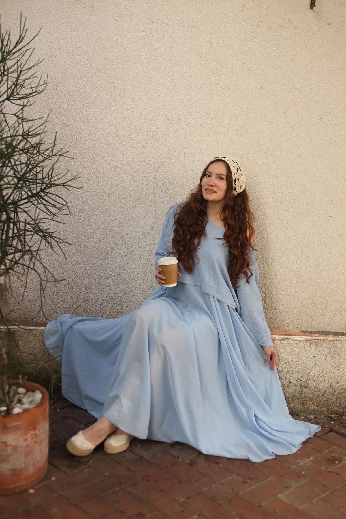 Bebek Mavisi Askılı Bluz Detaylı Elbise