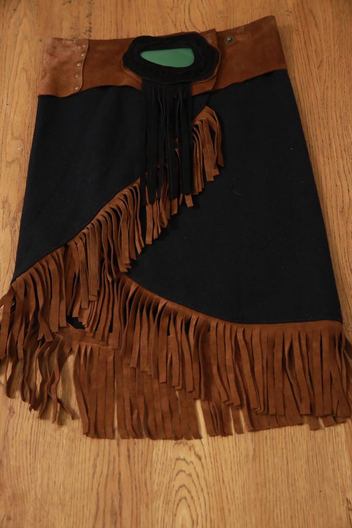 Black Stone Detail Fringed Suede Skirt