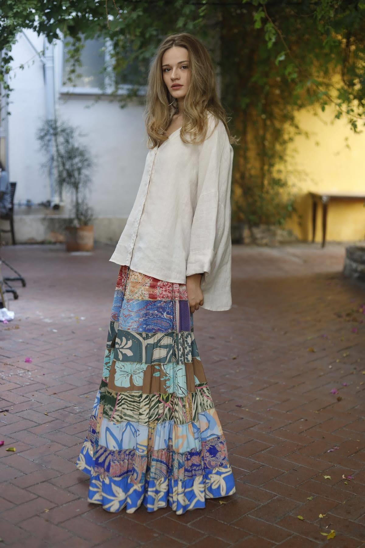 Renkli Patchwork Otantik İpek Etek